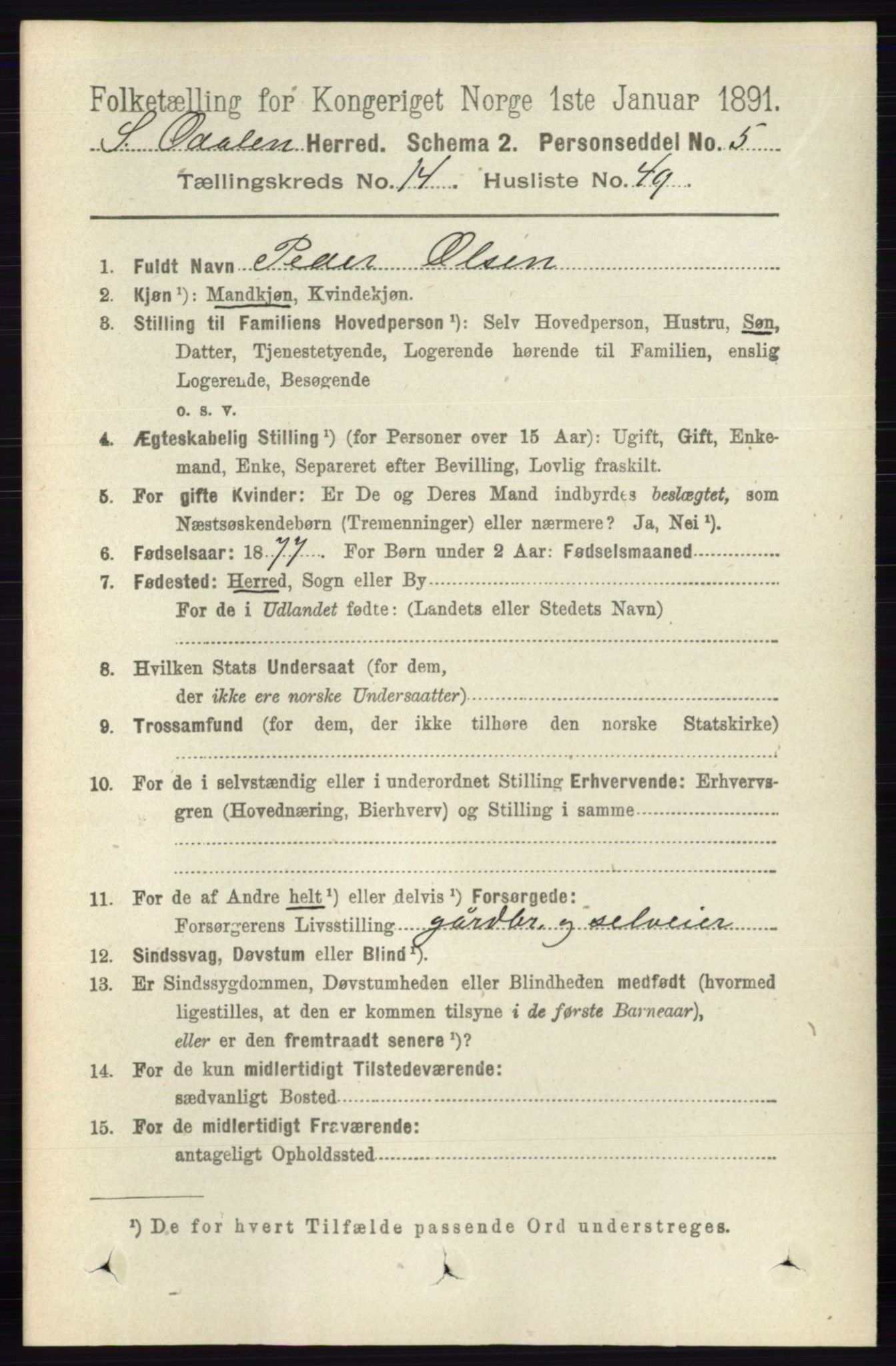 RA, 1891 census for 0419 Sør-Odal, 1891, p. 6344