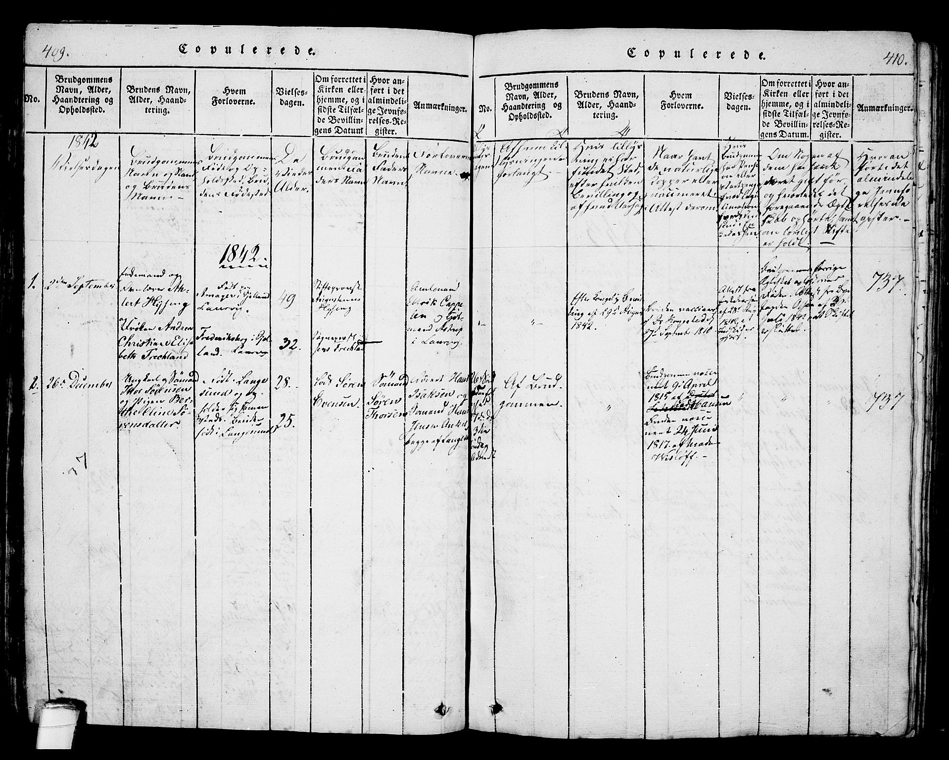 Langesund kirkebøker, AV/SAKO-A-280/G/Ga/L0003: Parish register (copy) no. 3, 1815-1858, p. 409-410