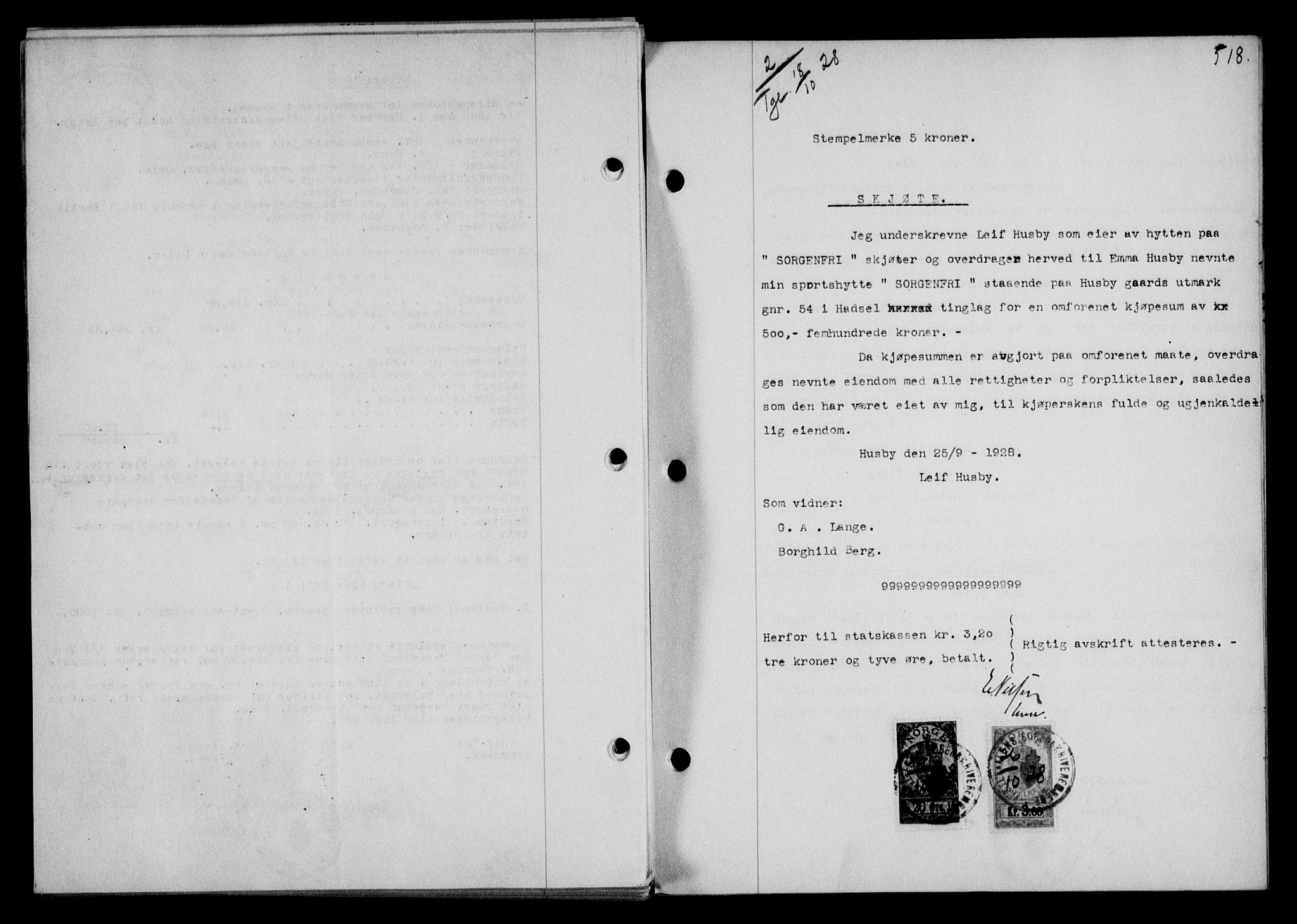 Vesterålen sorenskriveri, SAT/A-4180/1/2/2Ca/L0046: Mortgage book no. 39, 1928-1928, Deed date: 18.10.1928