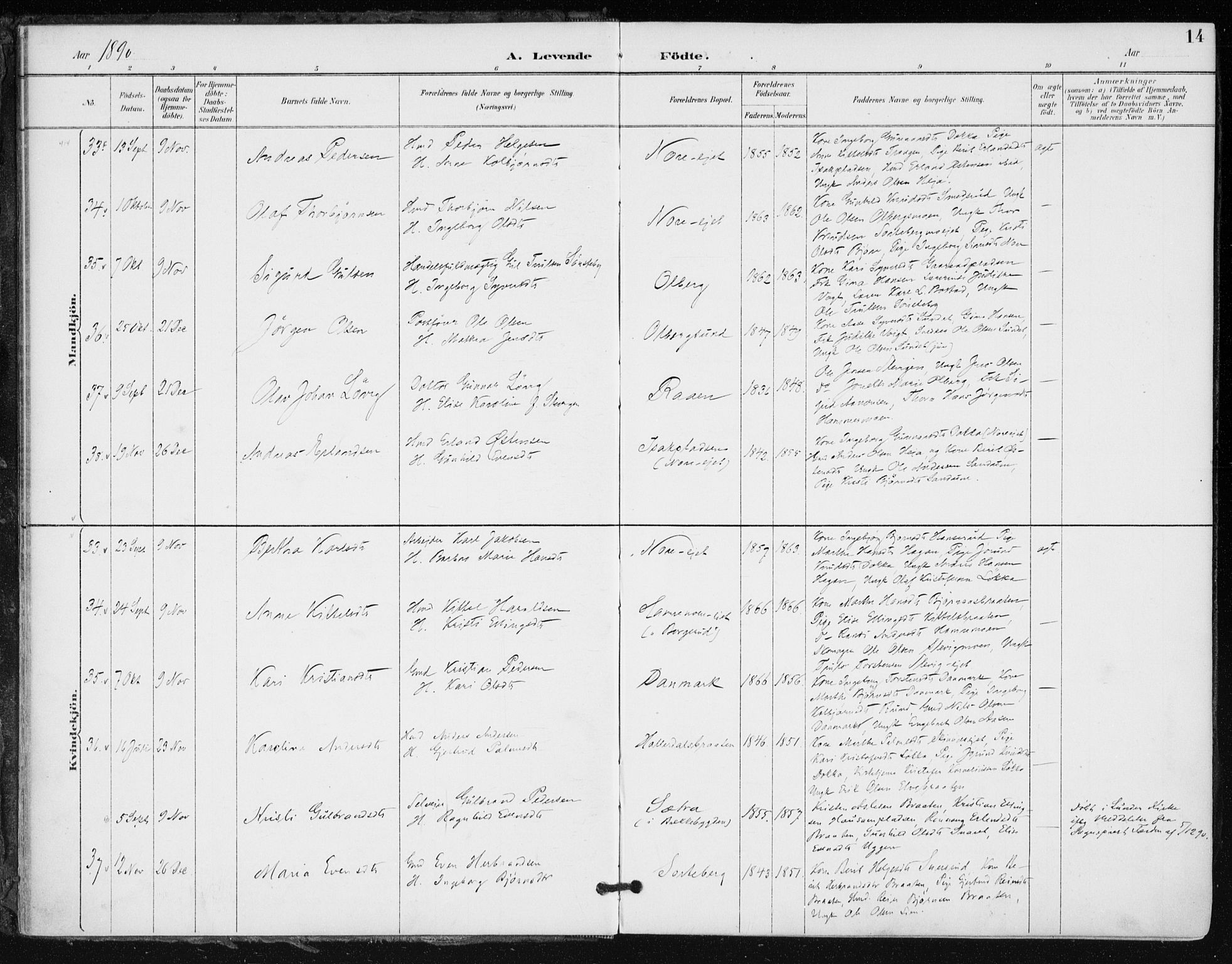 Krødsherad kirkebøker, AV/SAKO-A-19/F/Fa/L0006: Parish register (official) no. 6, 1889-1899, p. 14