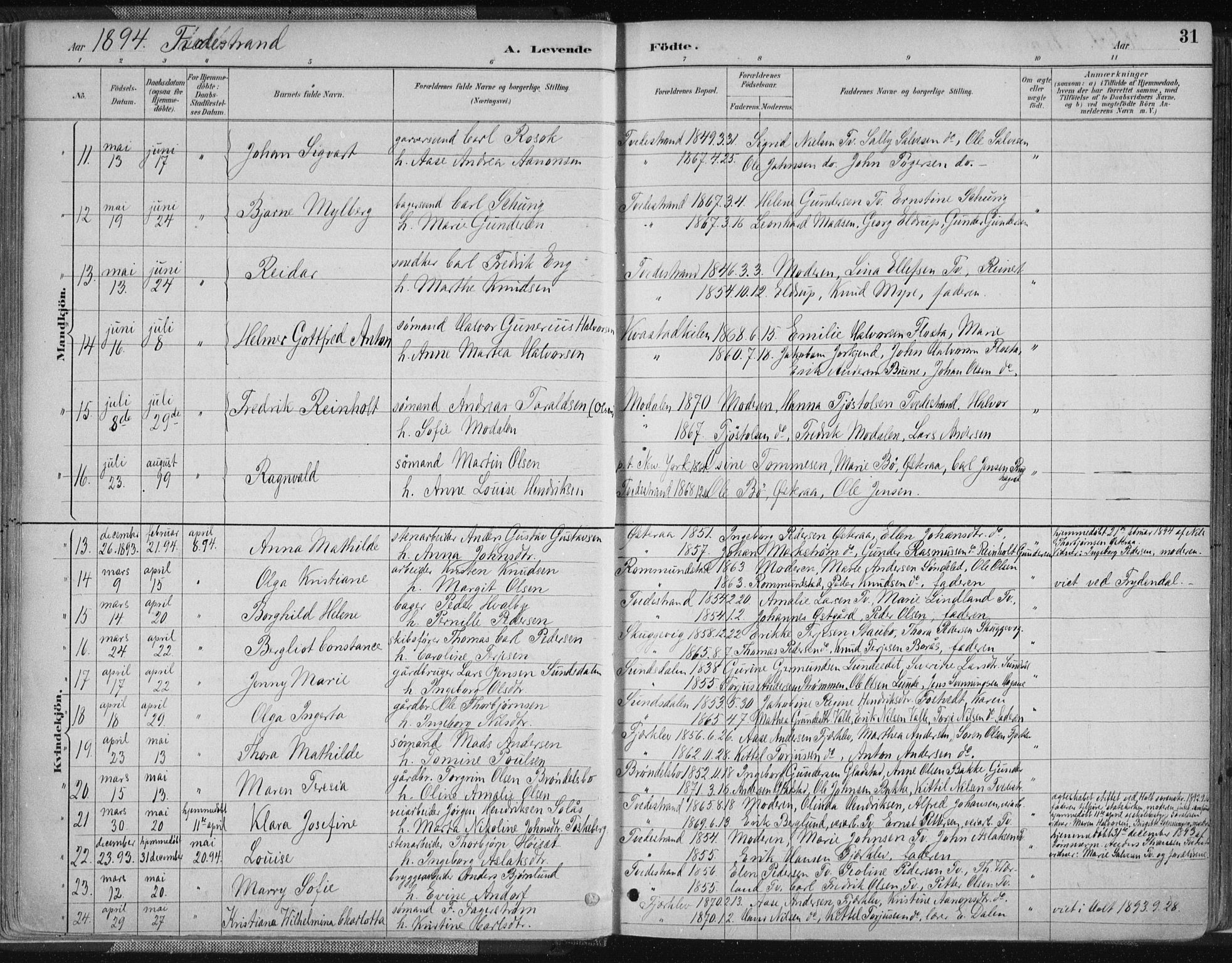 Tvedestrand sokneprestkontor, SAK/1111-0042/F/Fa/L0001: Parish register (official) no. A 1, 1885-1916, p. 31
