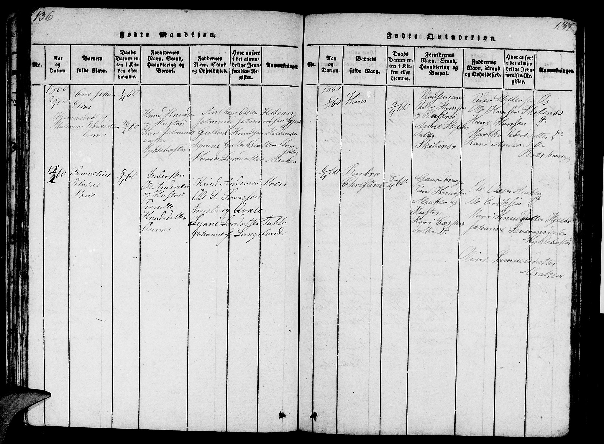 Eid sokneprestembete, AV/SAB-A-82301/H/Hab/Haba/L0001: Parish register (copy) no. A 1, 1816-1862, p. 136-137