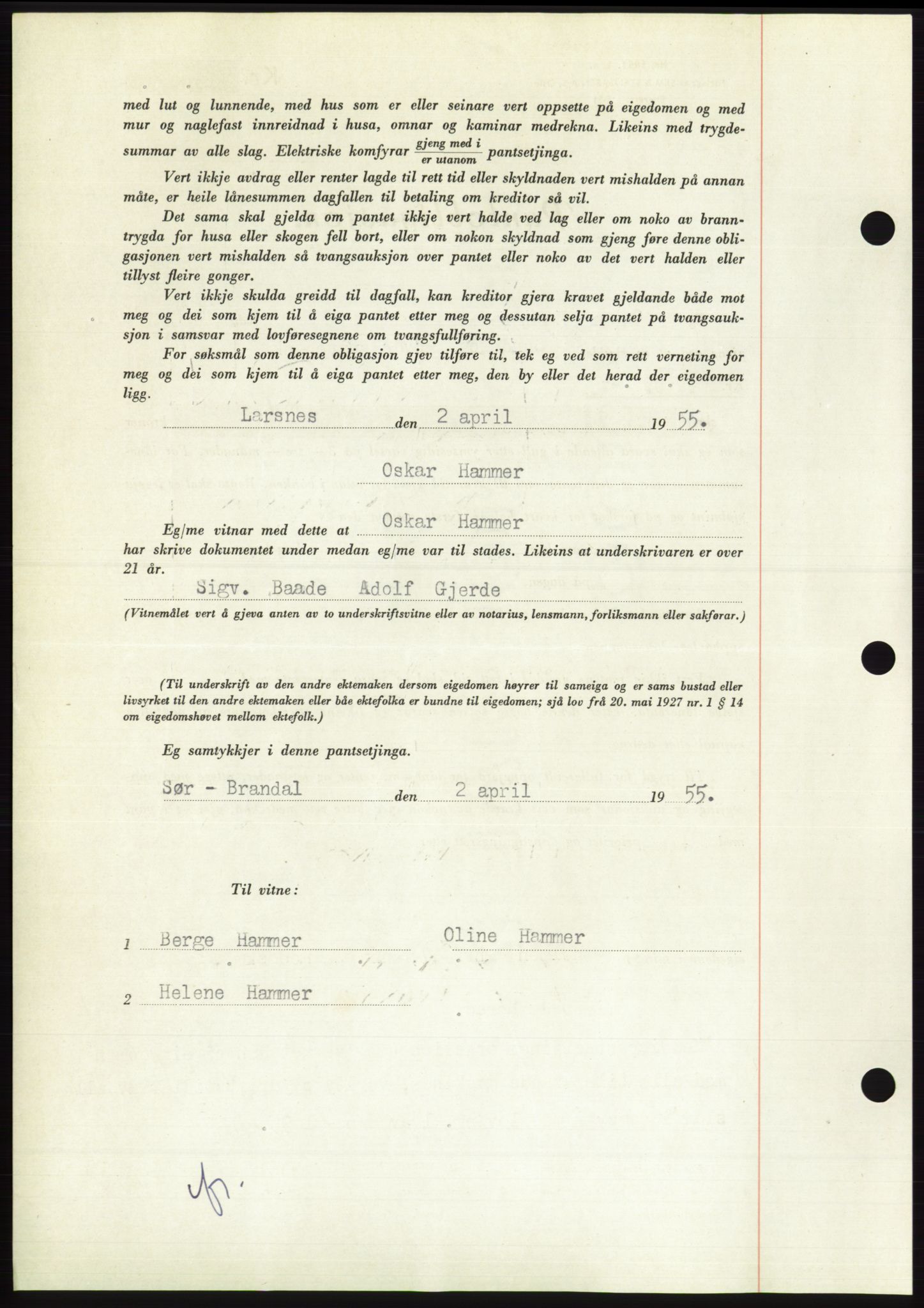 Søre Sunnmøre sorenskriveri, AV/SAT-A-4122/1/2/2C/L0126: Mortgage book no. 14B, 1954-1955, Diary no: : 852/1955