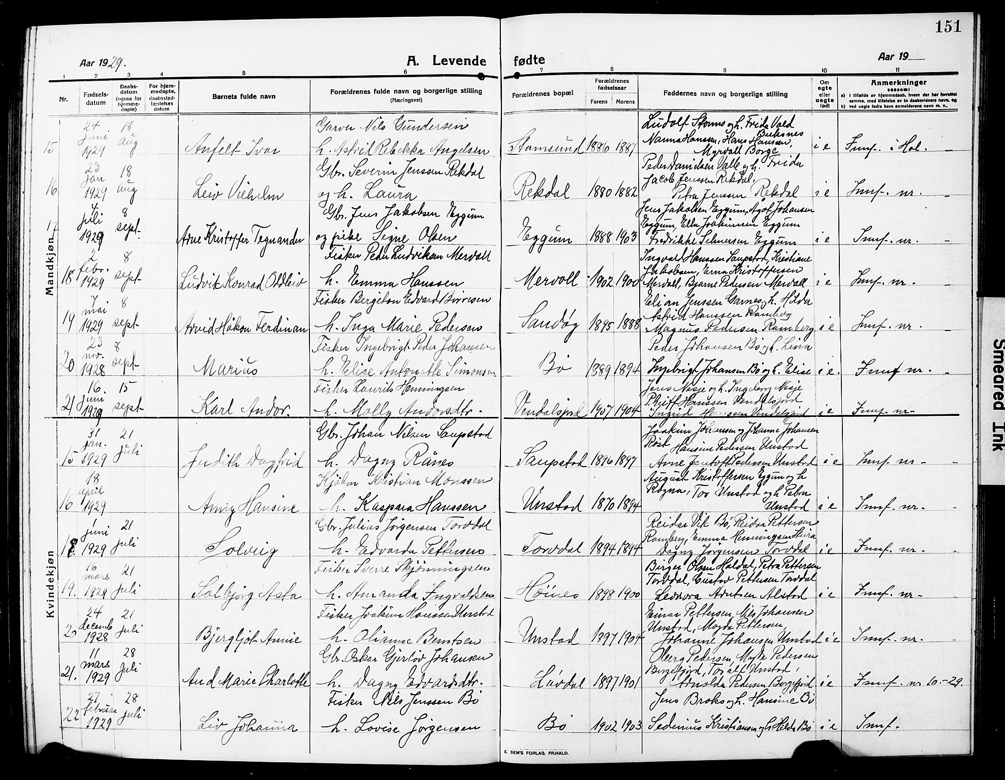 Ministerialprotokoller, klokkerbøker og fødselsregistre - Nordland, SAT/A-1459/880/L1142: Parish register (copy) no. 880C04, 1913-1930, p. 151