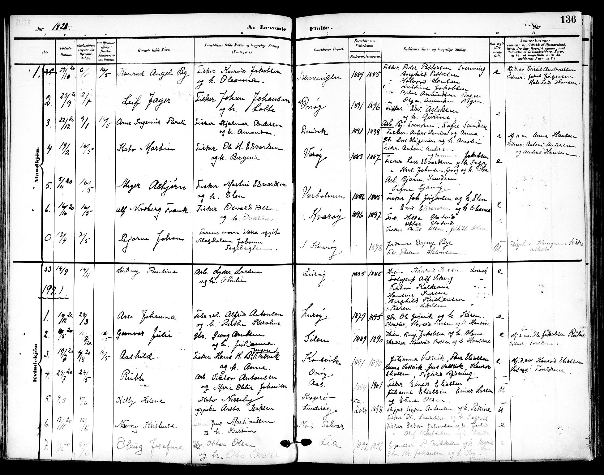 Ministerialprotokoller, klokkerbøker og fødselsregistre - Nordland, SAT/A-1459/839/L0569: Parish register (official) no. 839A06, 1903-1922, p. 136