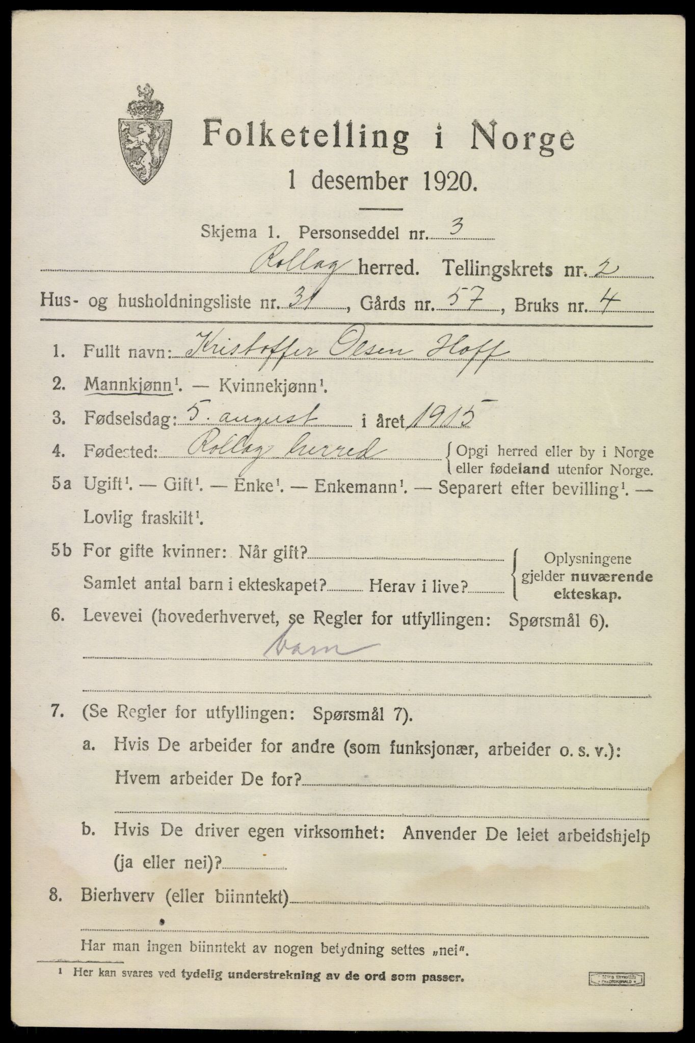 SAKO, 1920 census for Rollag, 1920, p. 1310