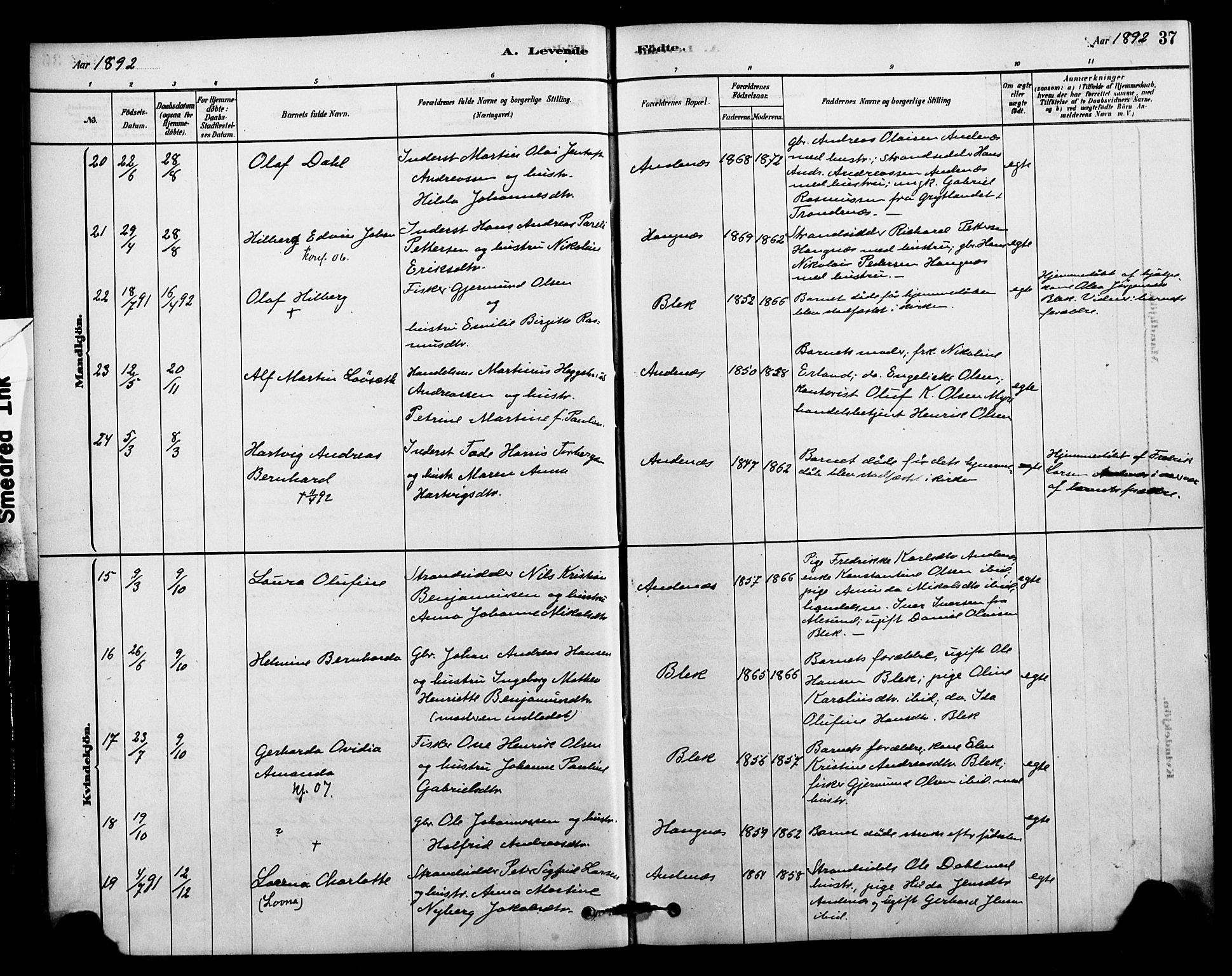 Ministerialprotokoller, klokkerbøker og fødselsregistre - Nordland, AV/SAT-A-1459/899/L1436: Parish register (official) no. 899A04, 1881-1896, p. 37