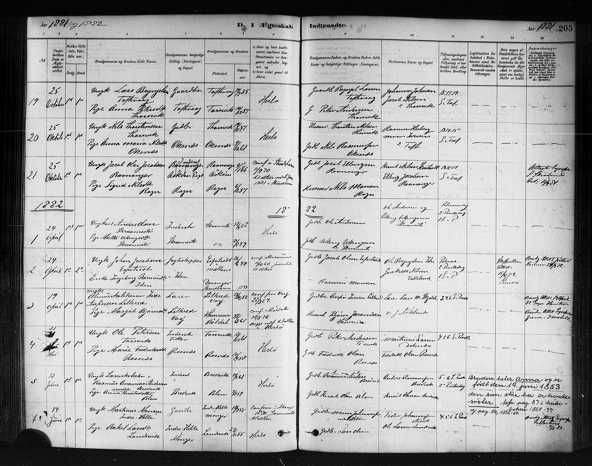 Herdla Sokneprestembete, AV/SAB-A-75701/H/Haa: Parish register (official) no. A 3, 1878-1890, p. 205