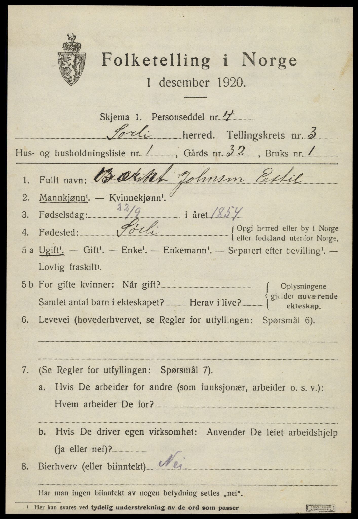 SAT, 1920 census for Sørli, 1920, p. 1069