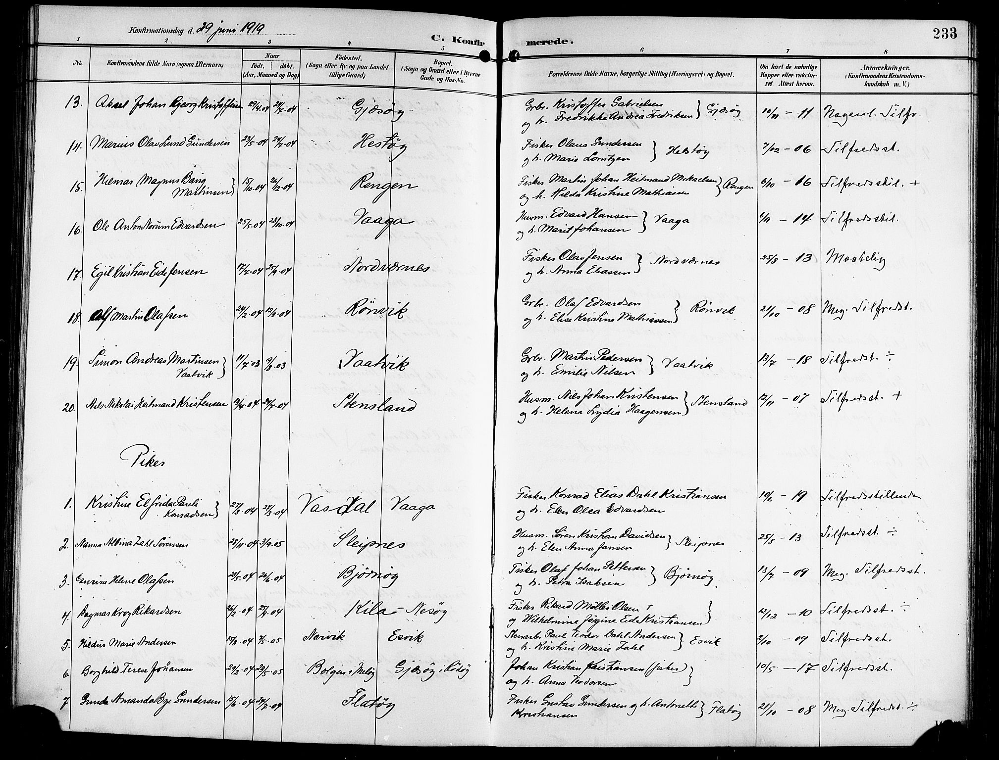 Ministerialprotokoller, klokkerbøker og fødselsregistre - Nordland, AV/SAT-A-1459/841/L0621: Parish register (copy) no. 841C05, 1897-1923, p. 233