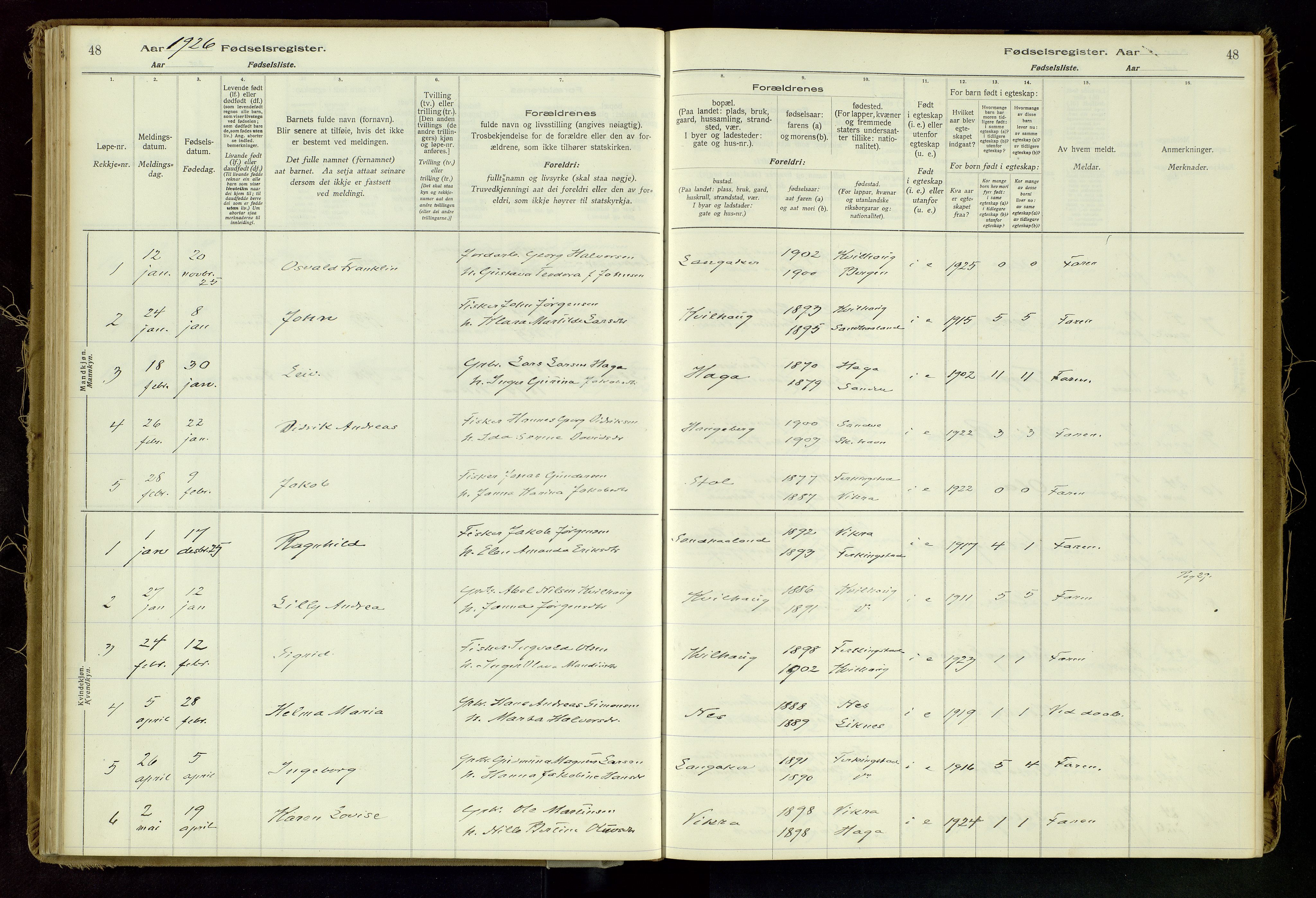 Skudenes sokneprestkontor, AV/SAST-A -101849/I/Id/L0002: Birth register no. 2, 1916-1962, p. 48