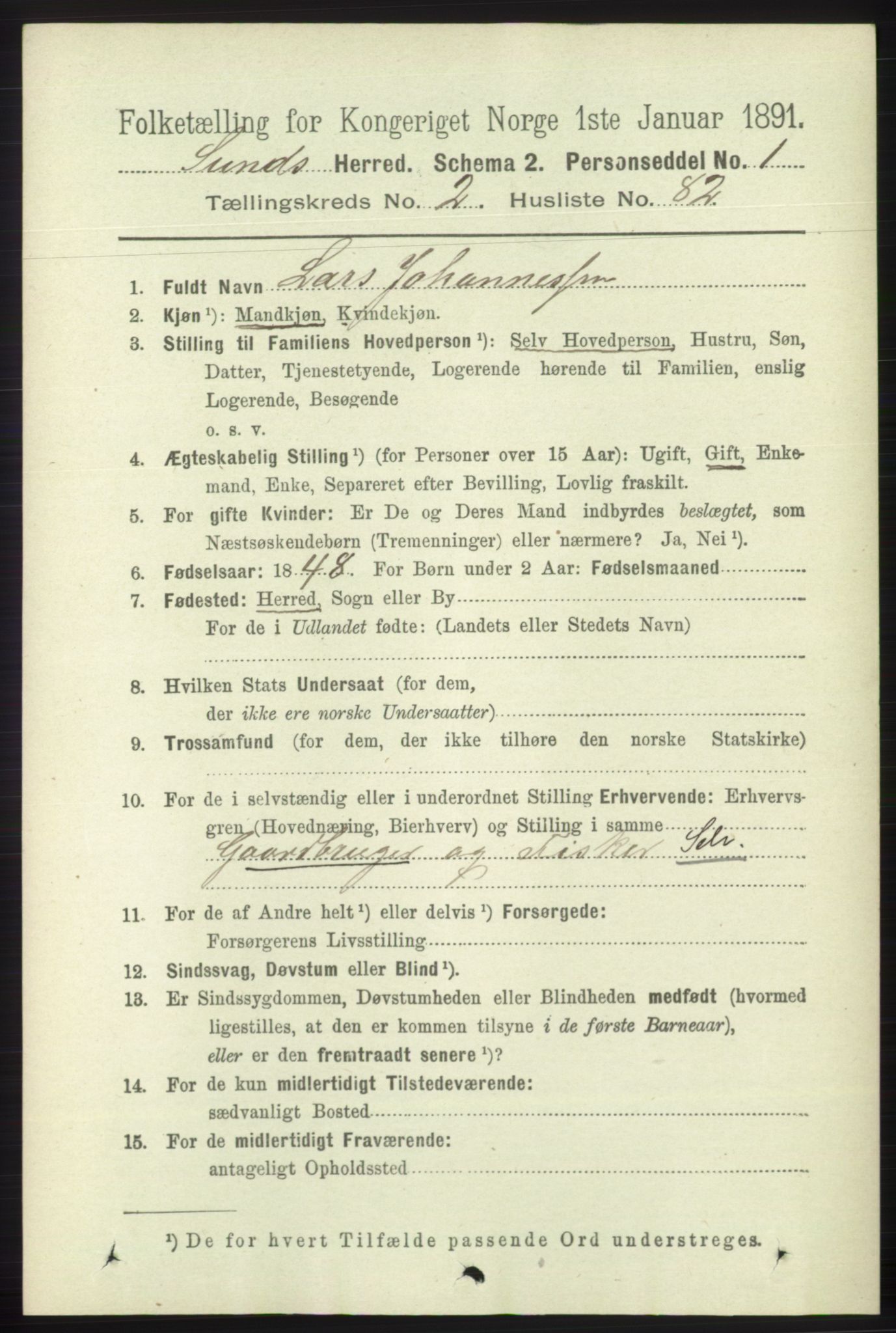 RA, 1891 census for 1245 Sund, 1891, p. 1119