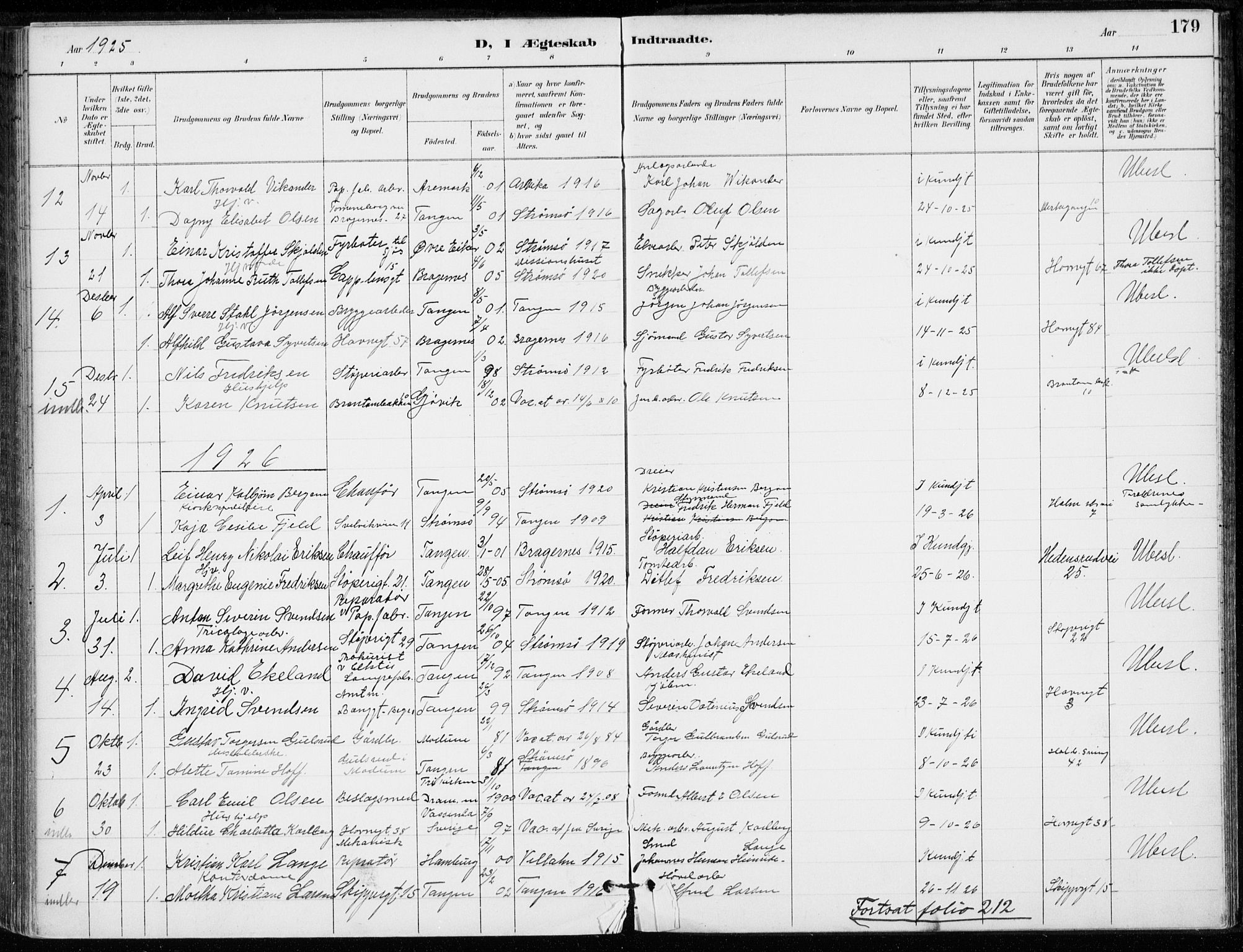 Strømsø kirkebøker, SAKO/A-246/F/Fb/L0007: Parish register (official) no. II 7, 1887-1928, p. 179