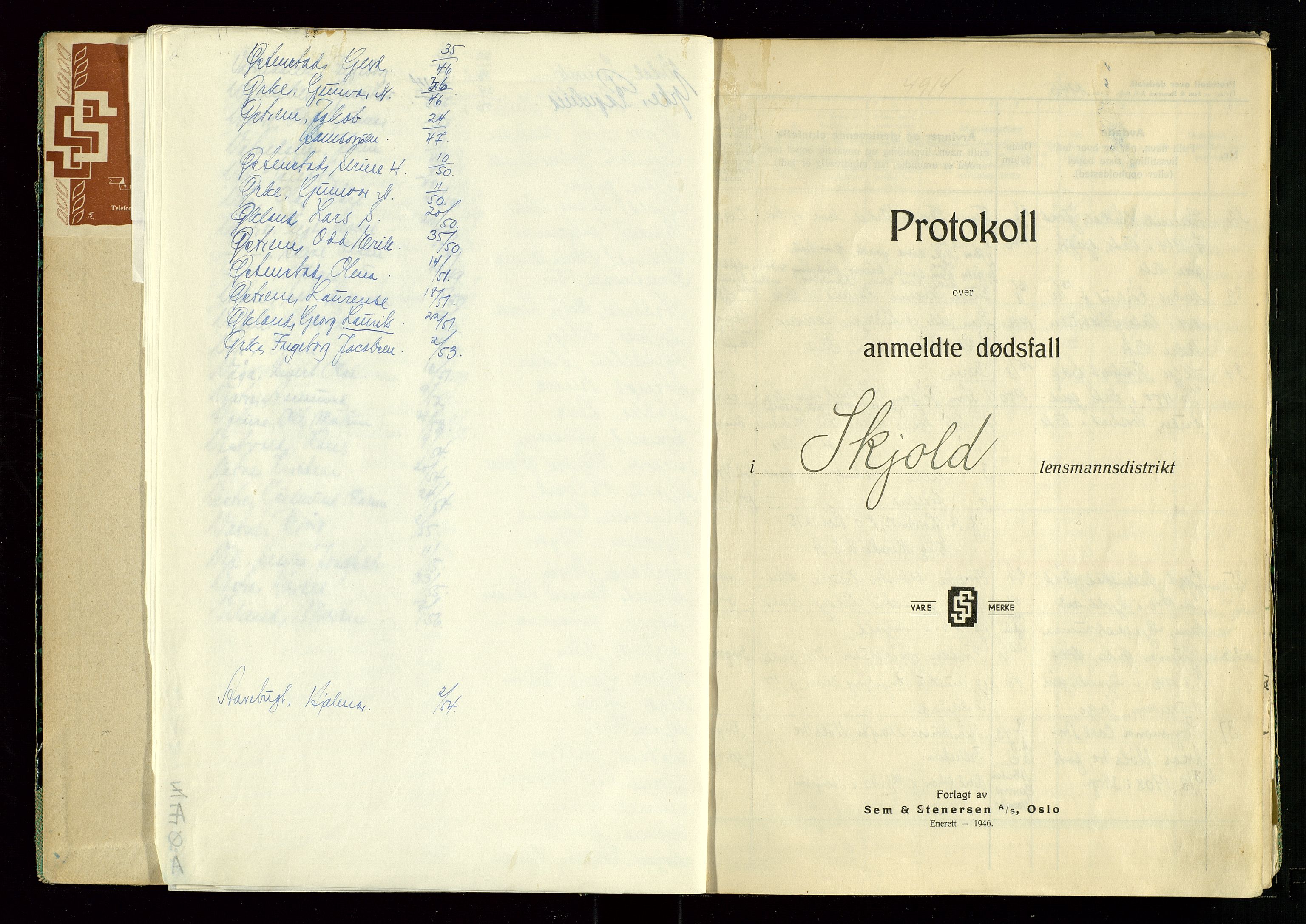 Skjold lensmannskontor, SAST/A-100182/Gga/L0006: "Protokoll over anmeldte dødsfall i Skjold lensmannsdistrikt", 1946-1956