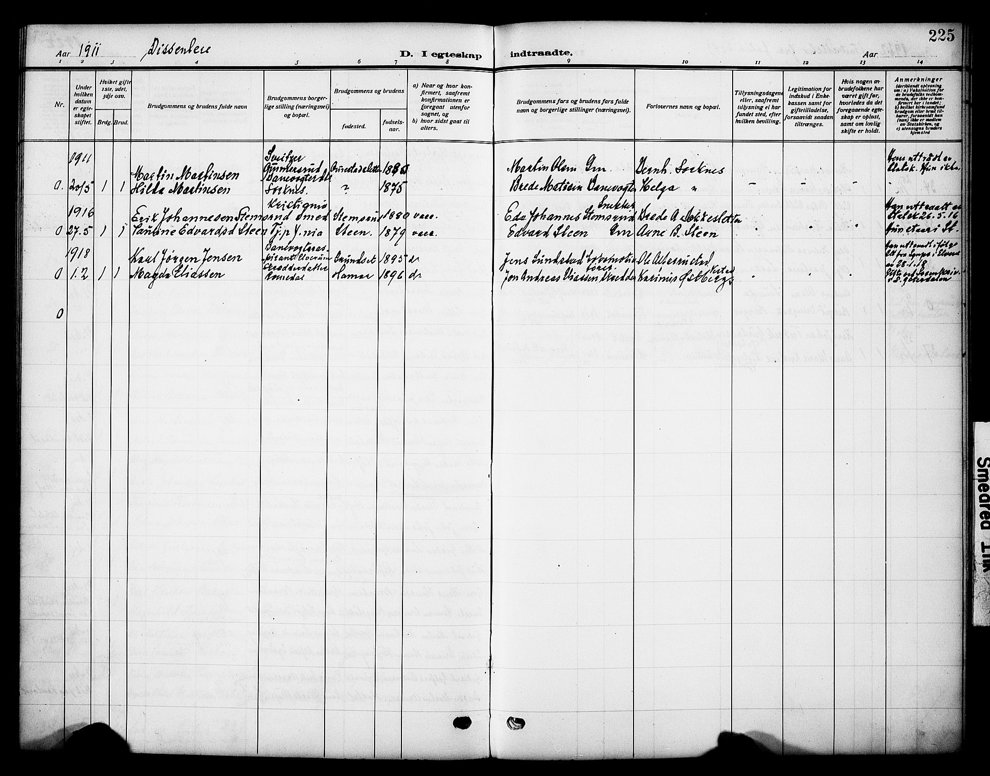 Grue prestekontor, SAH/PREST-036/H/Ha/Haa/L0015: Parish register (official) no. 15, 1911-1922, p. 225