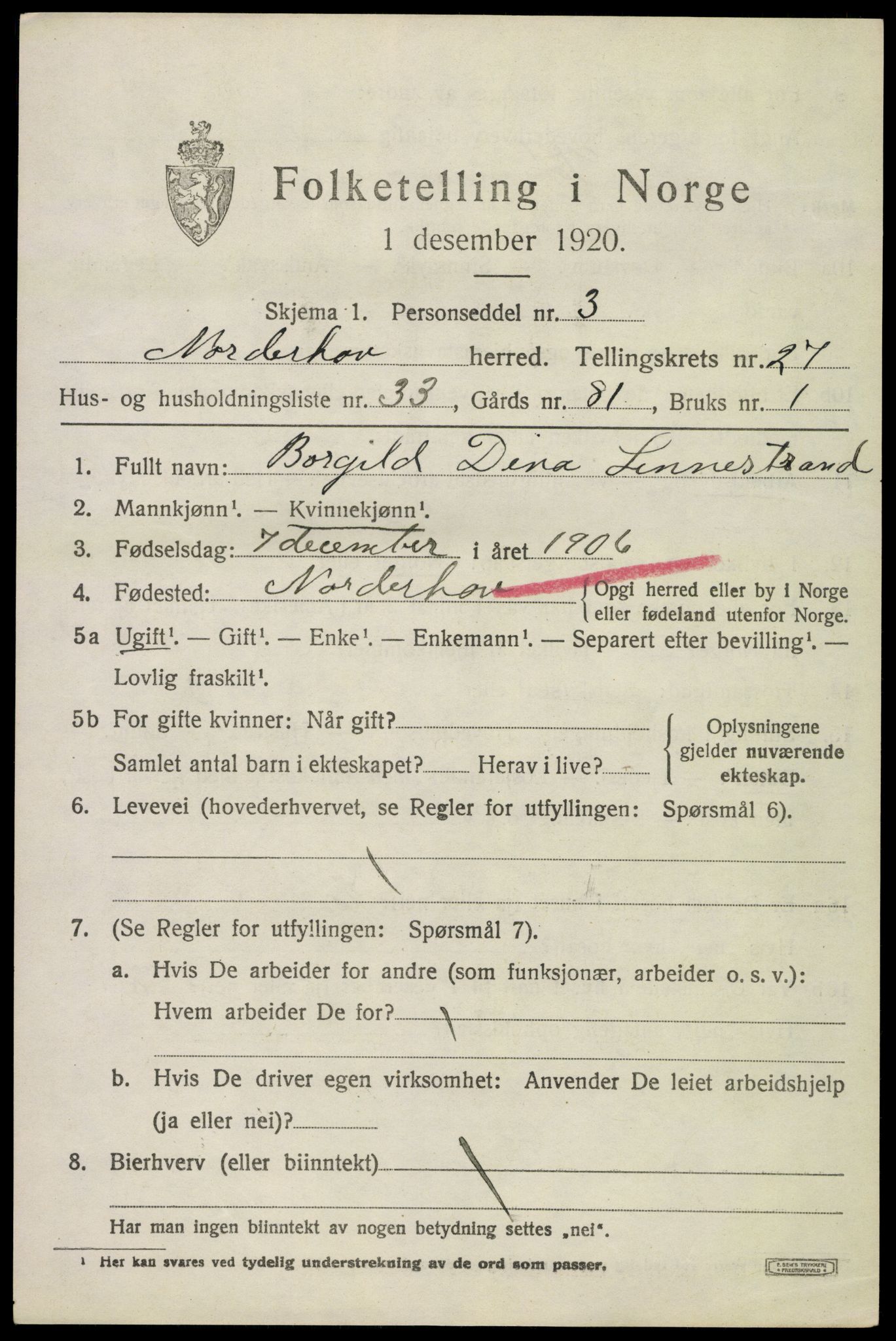 SAKO, 1920 census for Norderhov, 1920, p. 24828