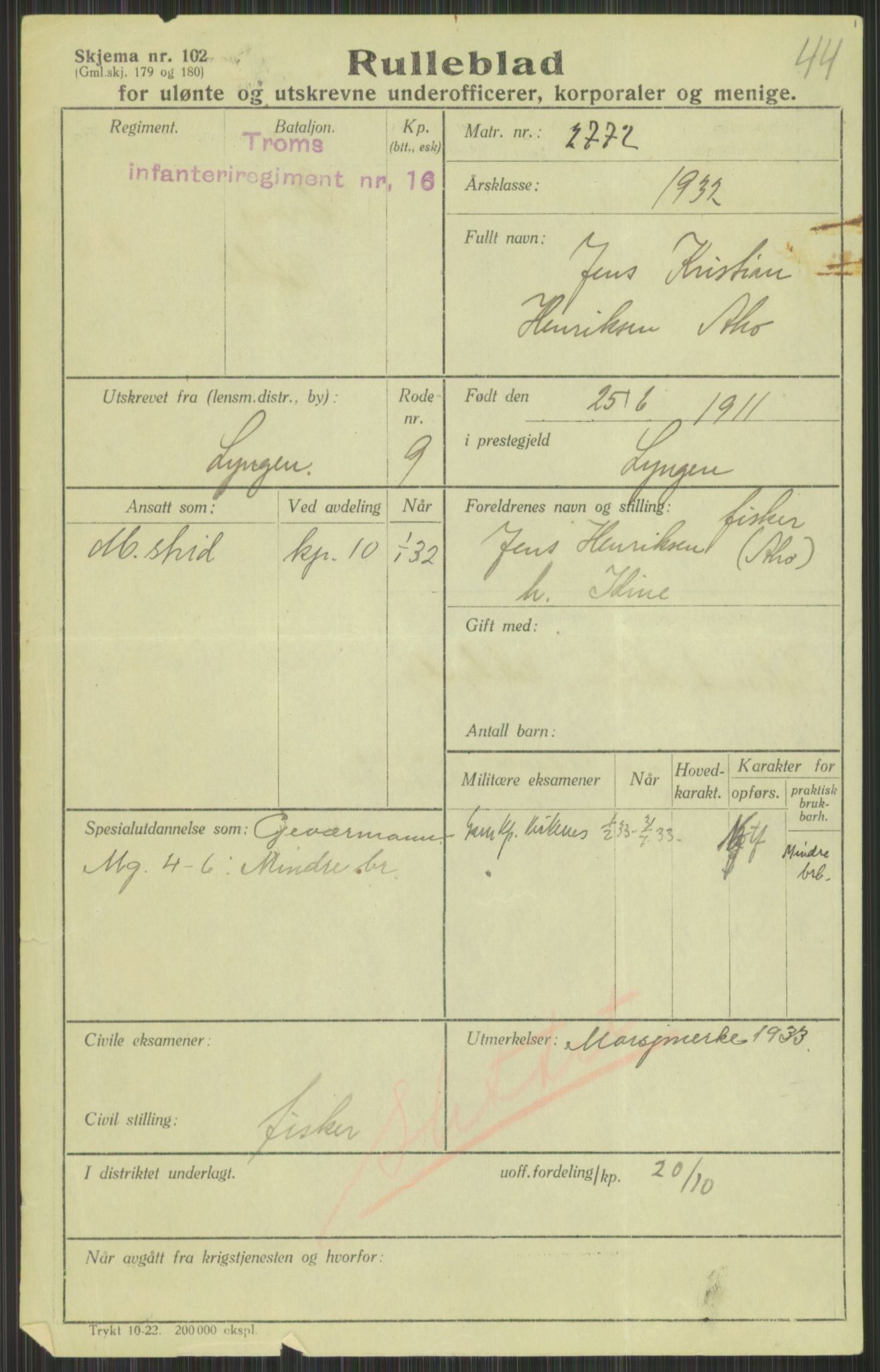 Forsvaret, Troms infanteriregiment nr. 16, AV/RA-RAFA-3146/P/Pa/L0016: Rulleblad for regimentets menige mannskaper, årsklasse 1932, 1932, p. 3