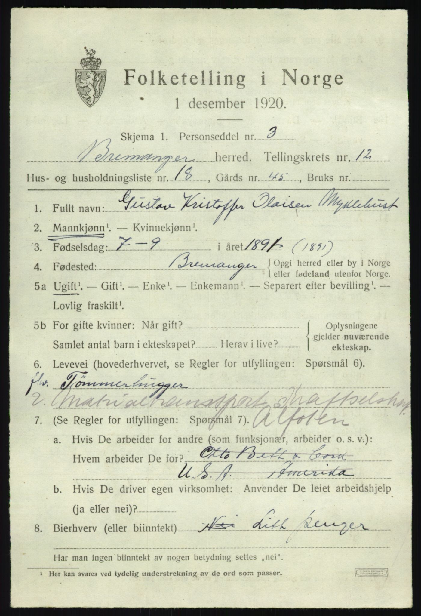 SAB, 1920 census for Bremanger, 1920, p. 6740