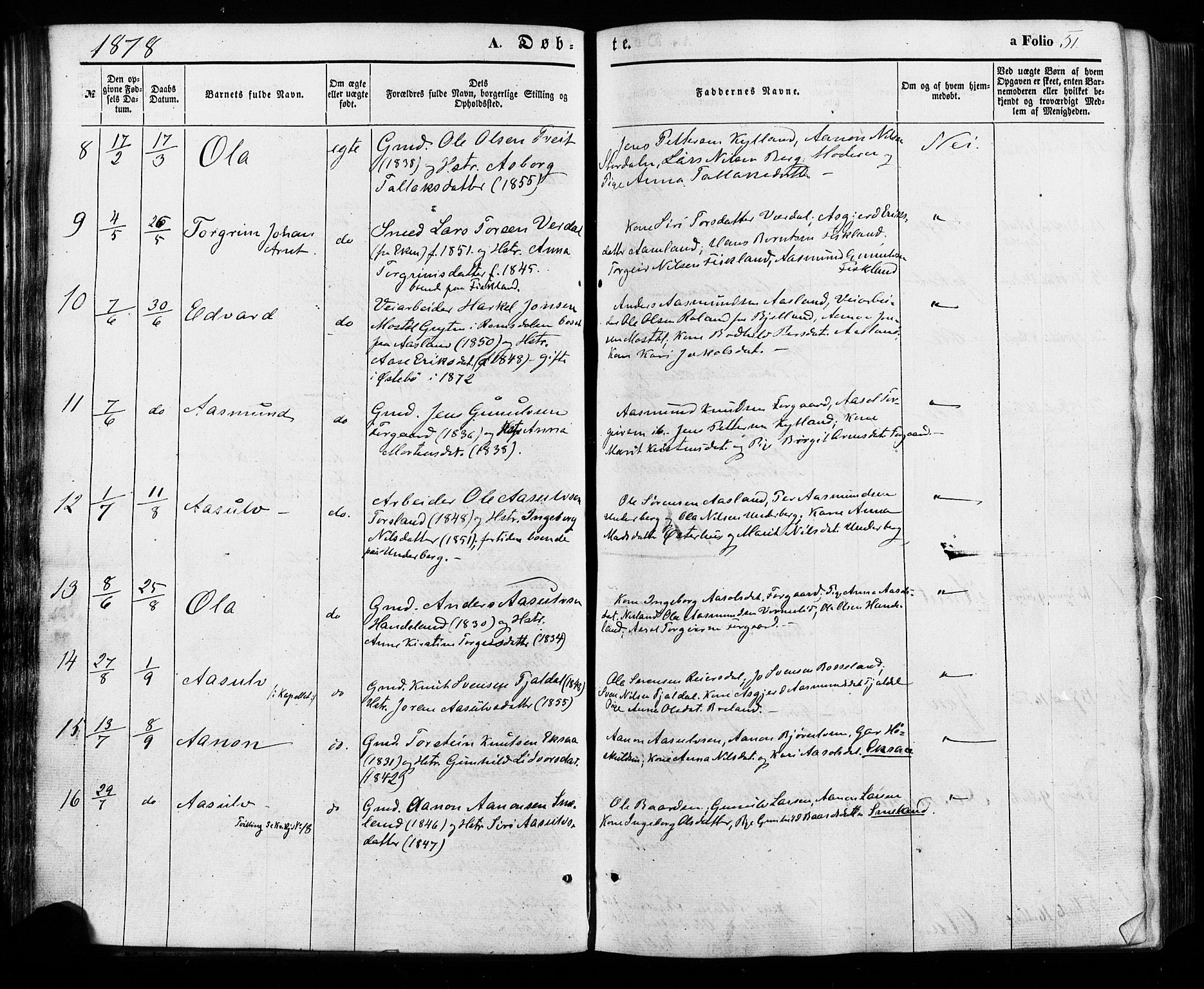 Åseral sokneprestkontor, AV/SAK-1111-0051/F/Fa/L0002: Parish register (official) no. A 2, 1854-1884, p. 51