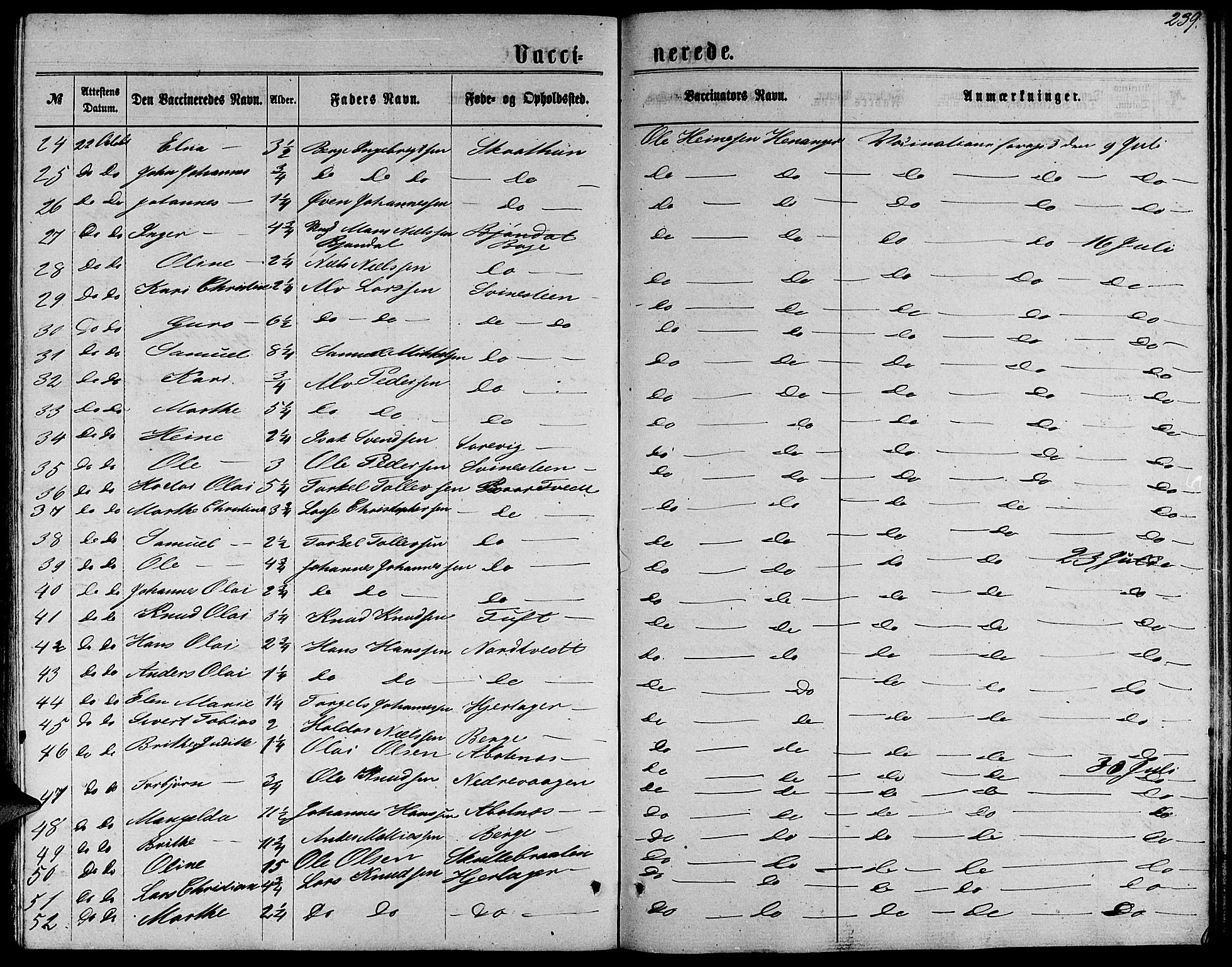Fusa sokneprestembete, SAB/A-75401/H/Hab: Parish register (copy) no. C 1, 1861-1885, p. 239