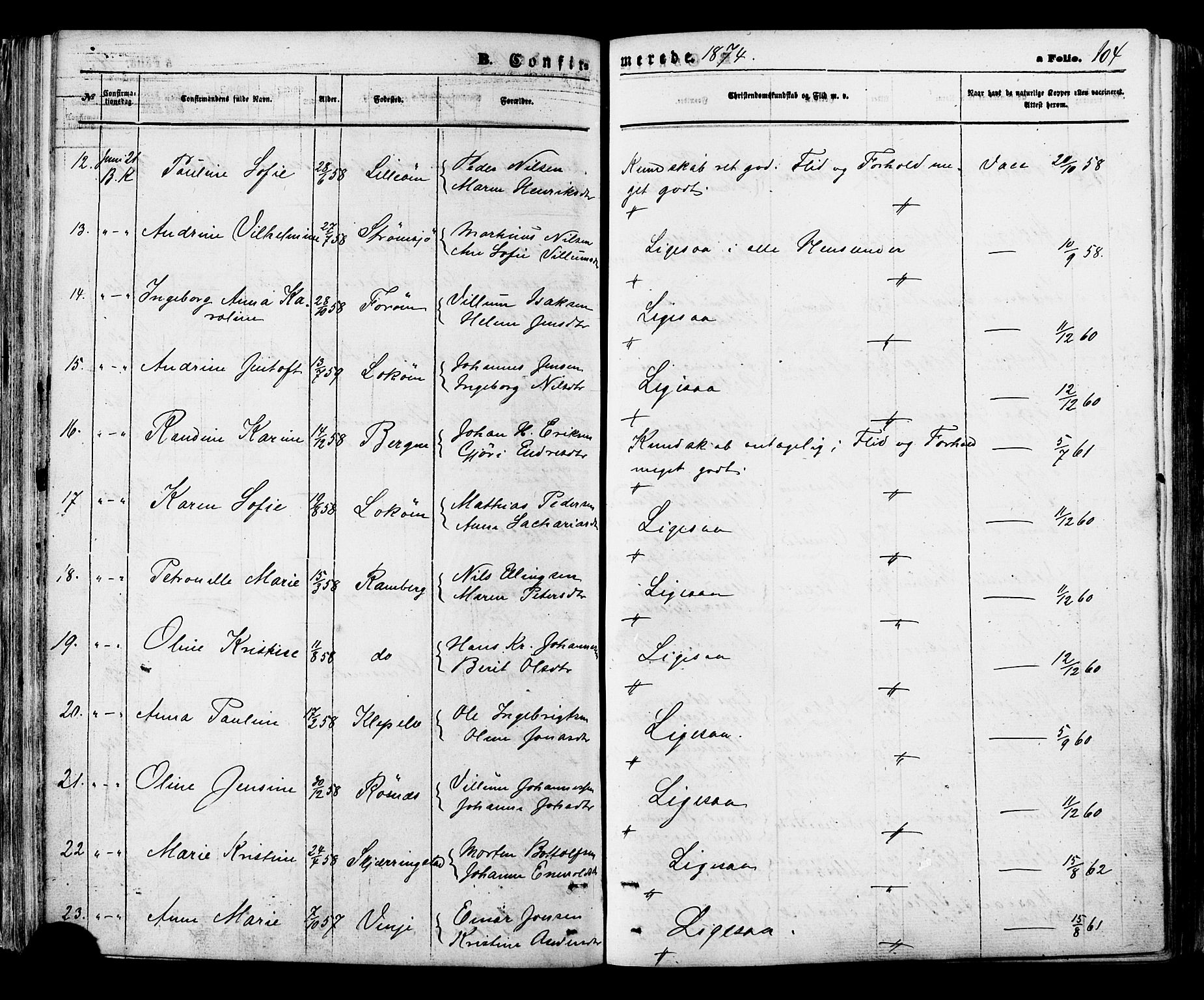 Ministerialprotokoller, klokkerbøker og fødselsregistre - Nordland, AV/SAT-A-1459/891/L1301: Parish register (official) no. 891A06, 1870-1878, p. 104