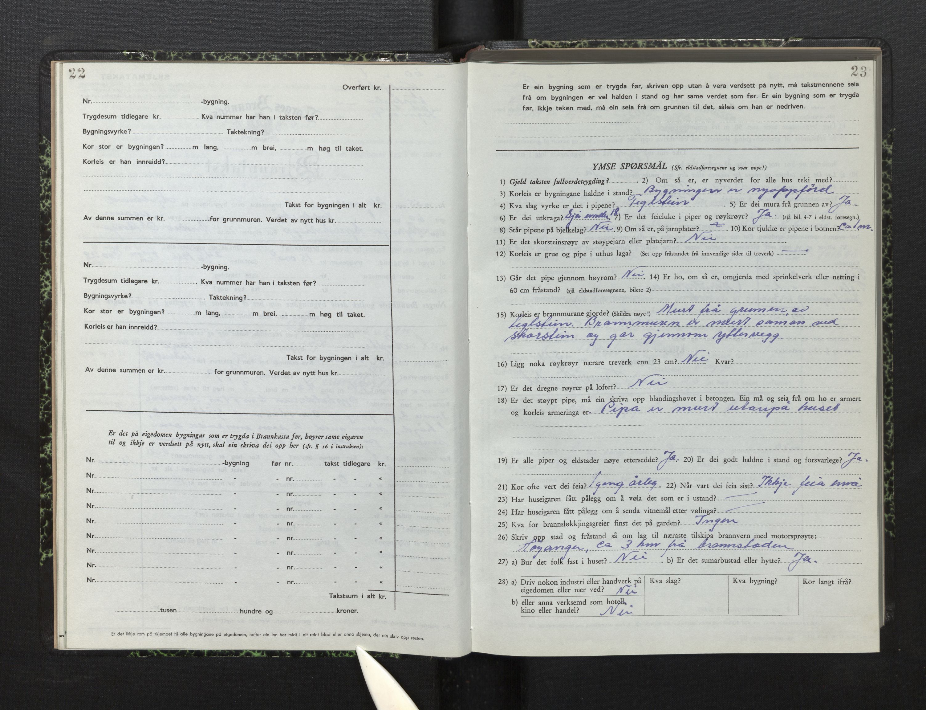 Lensmannen i Kyrkjebø, AV/SAB-A-29001/0012/L0008: Branntakstprotokoll, skjematakst, 1954-1960, p. 22-23