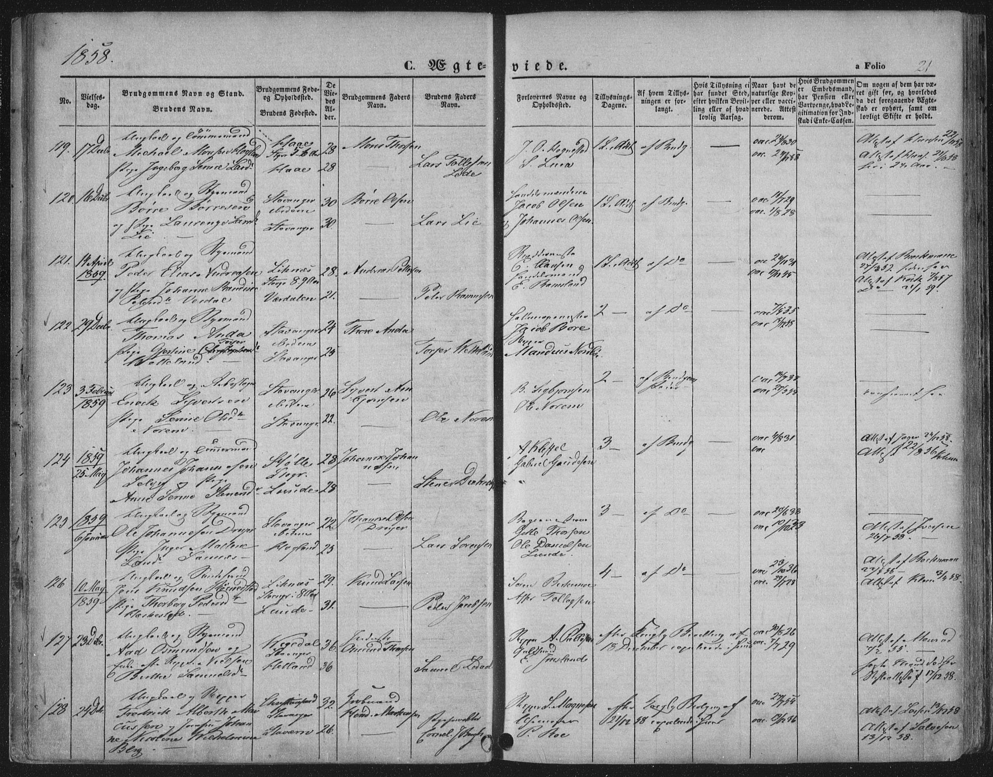 Domkirken sokneprestkontor, AV/SAST-A-101812/001/30/30BA/L0019: Parish register (official) no. A 18, 1857-1877, p. 21