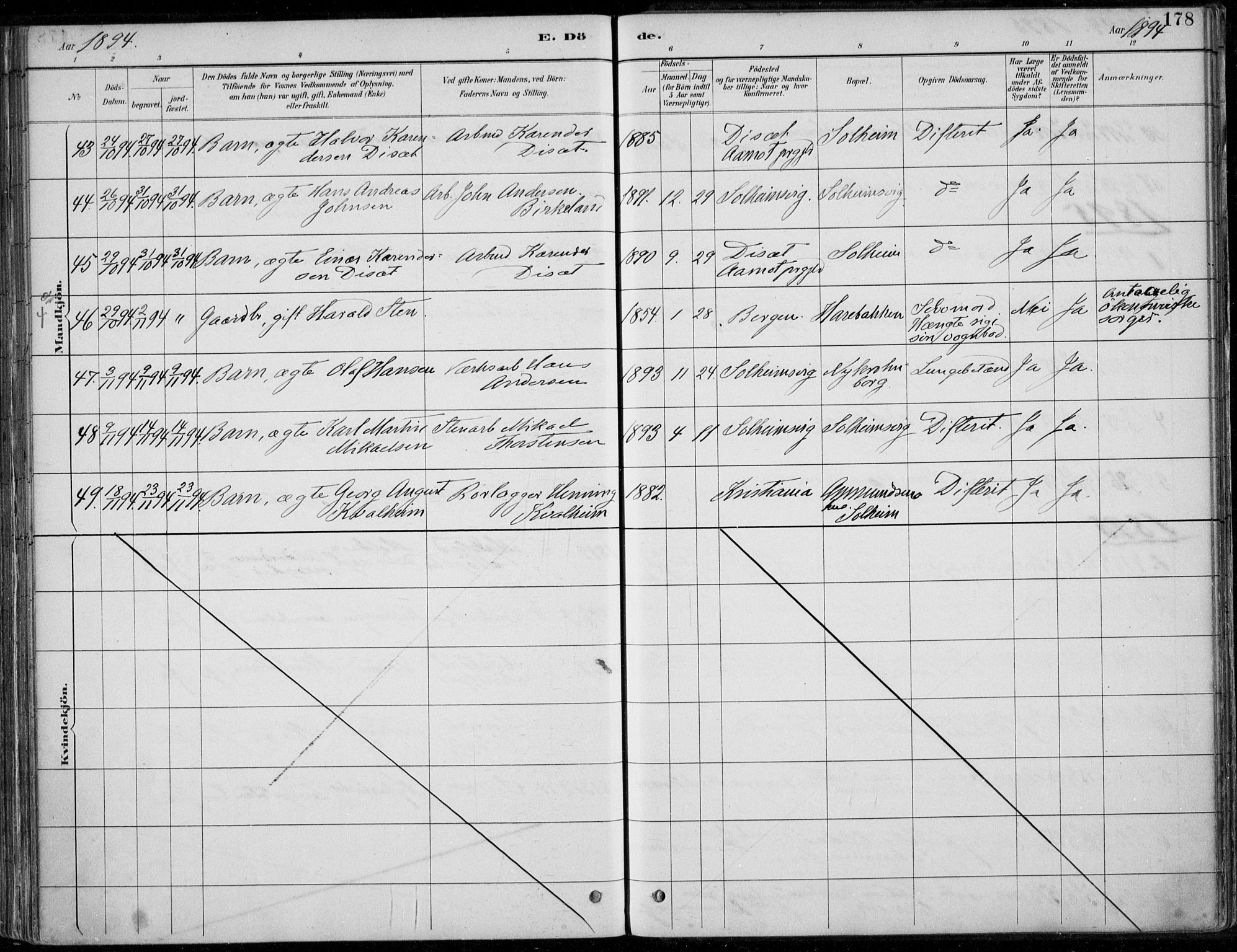 Årstad Sokneprestembete, AV/SAB-A-79301/H/Haa/L0006: Parish register (official) no. B 1, 1886-1901, p. 178