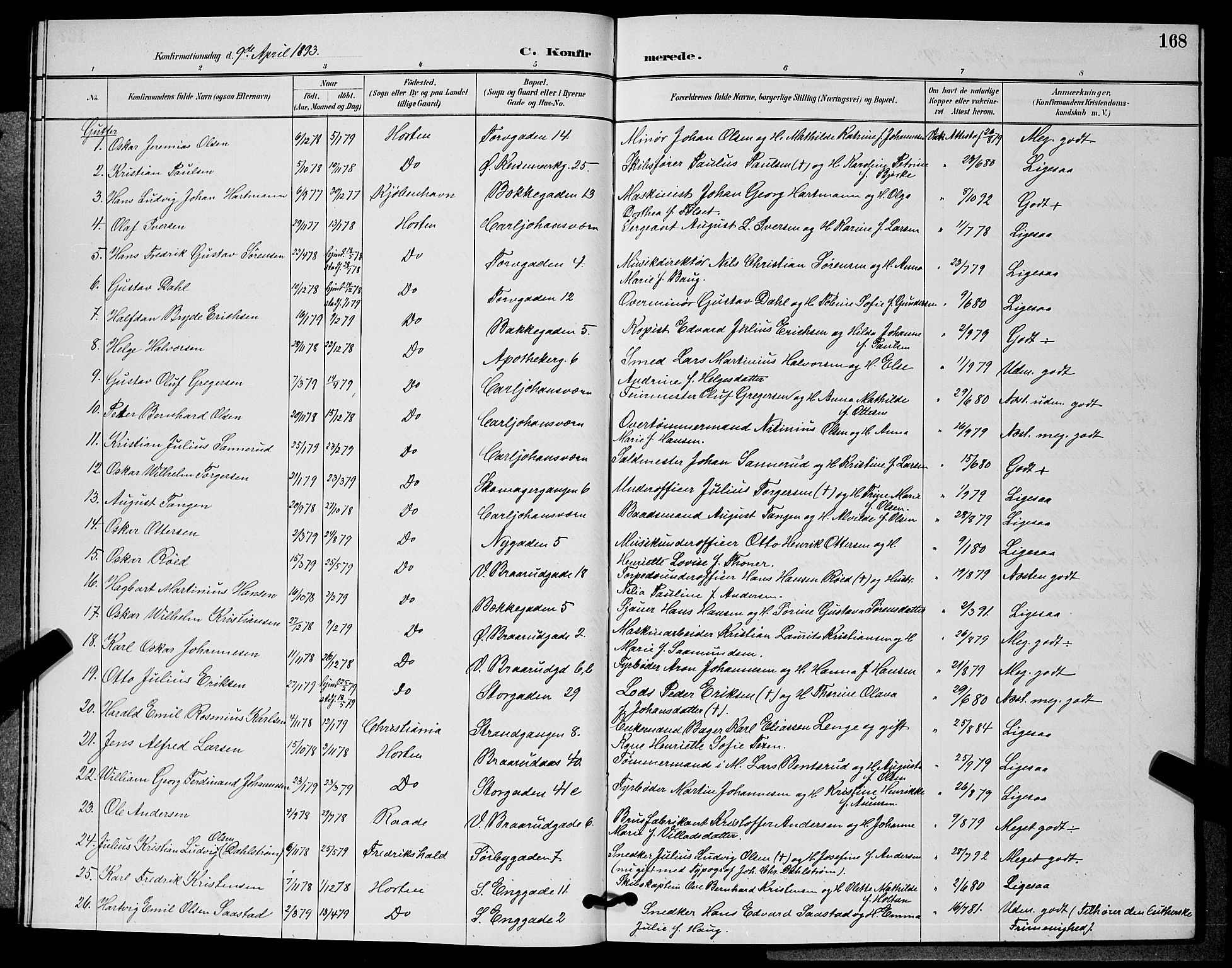 Horten kirkebøker, SAKO/A-348/G/Ga/L0005: Parish register (copy) no. 5, 1888-1895, p. 168