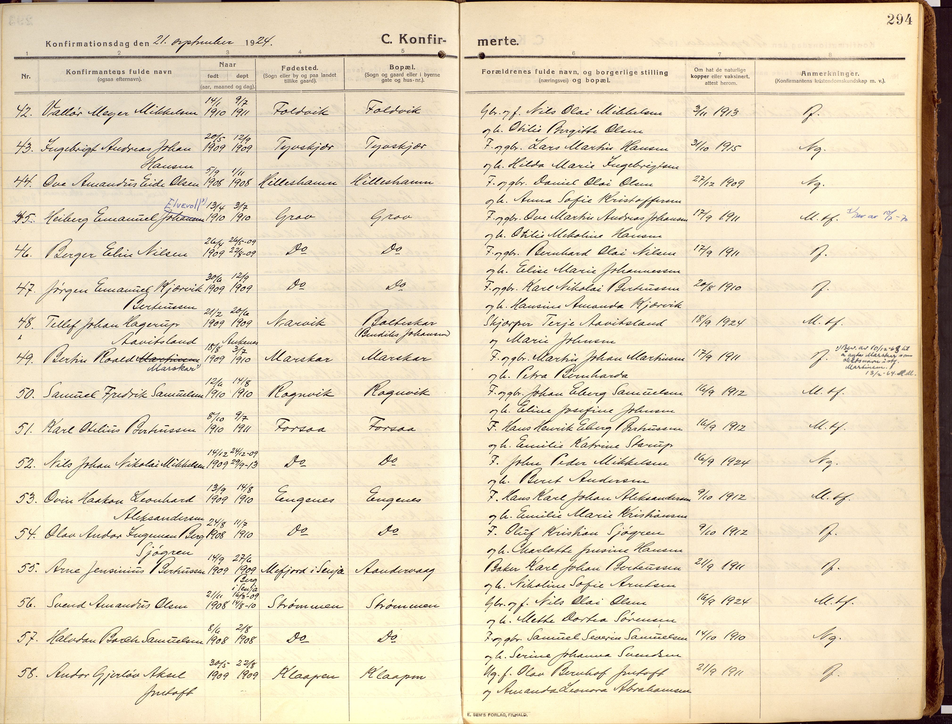 Ibestad sokneprestembete, SATØ/S-0077/H/Ha/Haa/L0018kirke: Parish register (official) no. 18, 1915-1929, p. 294