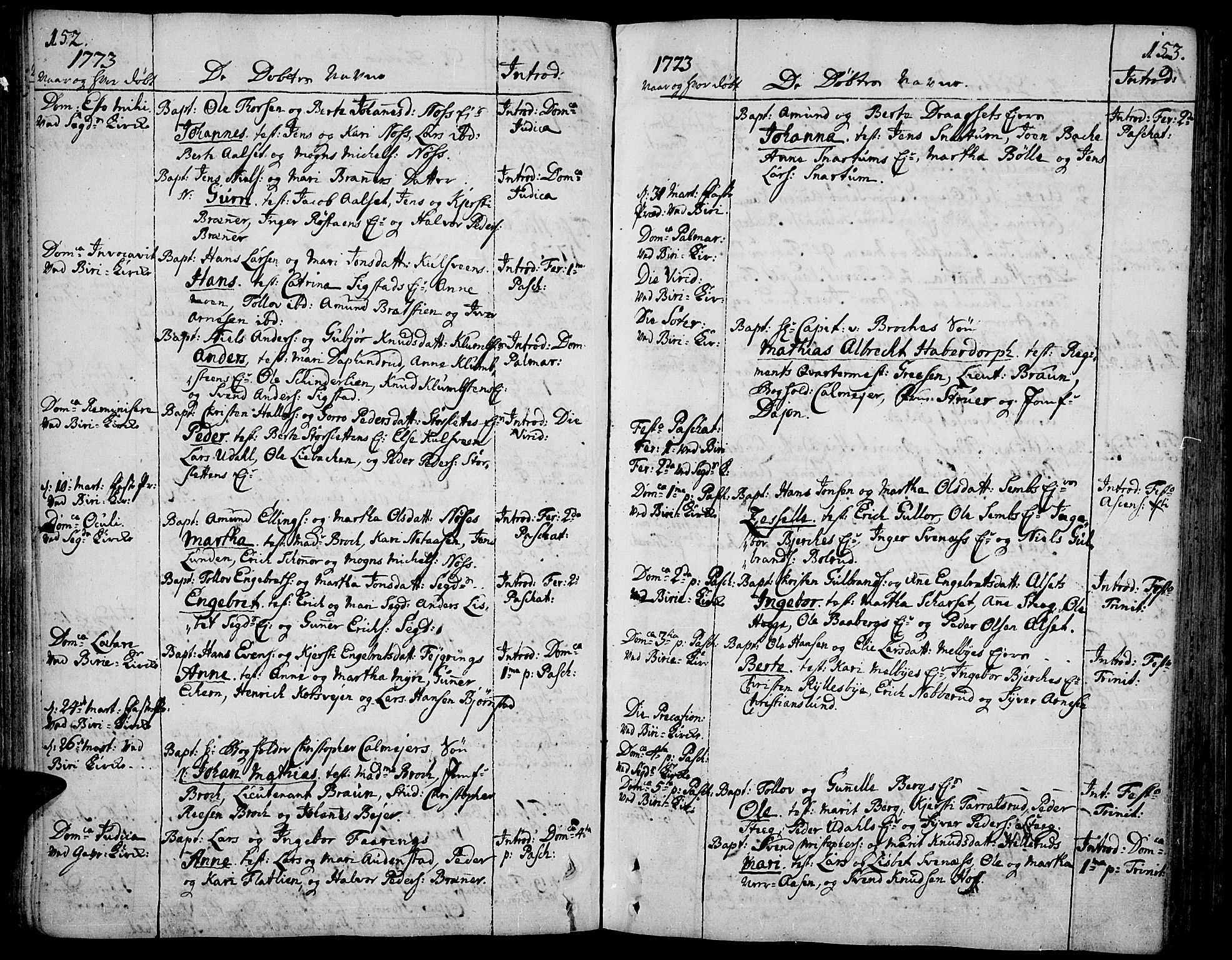 Biri prestekontor, SAH/PREST-096/H/Ha/Haa/L0002: Parish register (official) no. 2, 1754-1789, p. 152-153