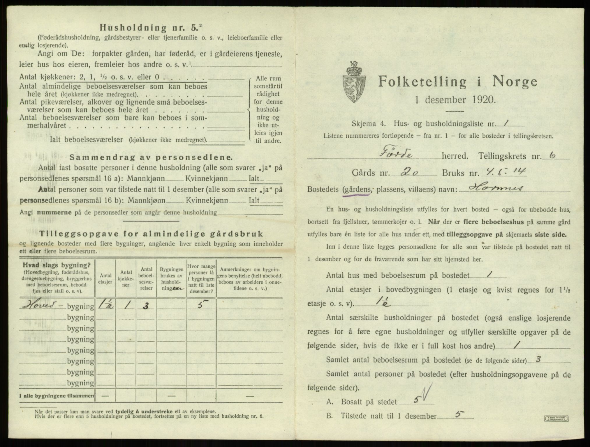 SAB, 1920 census for Førde, 1920, p. 275