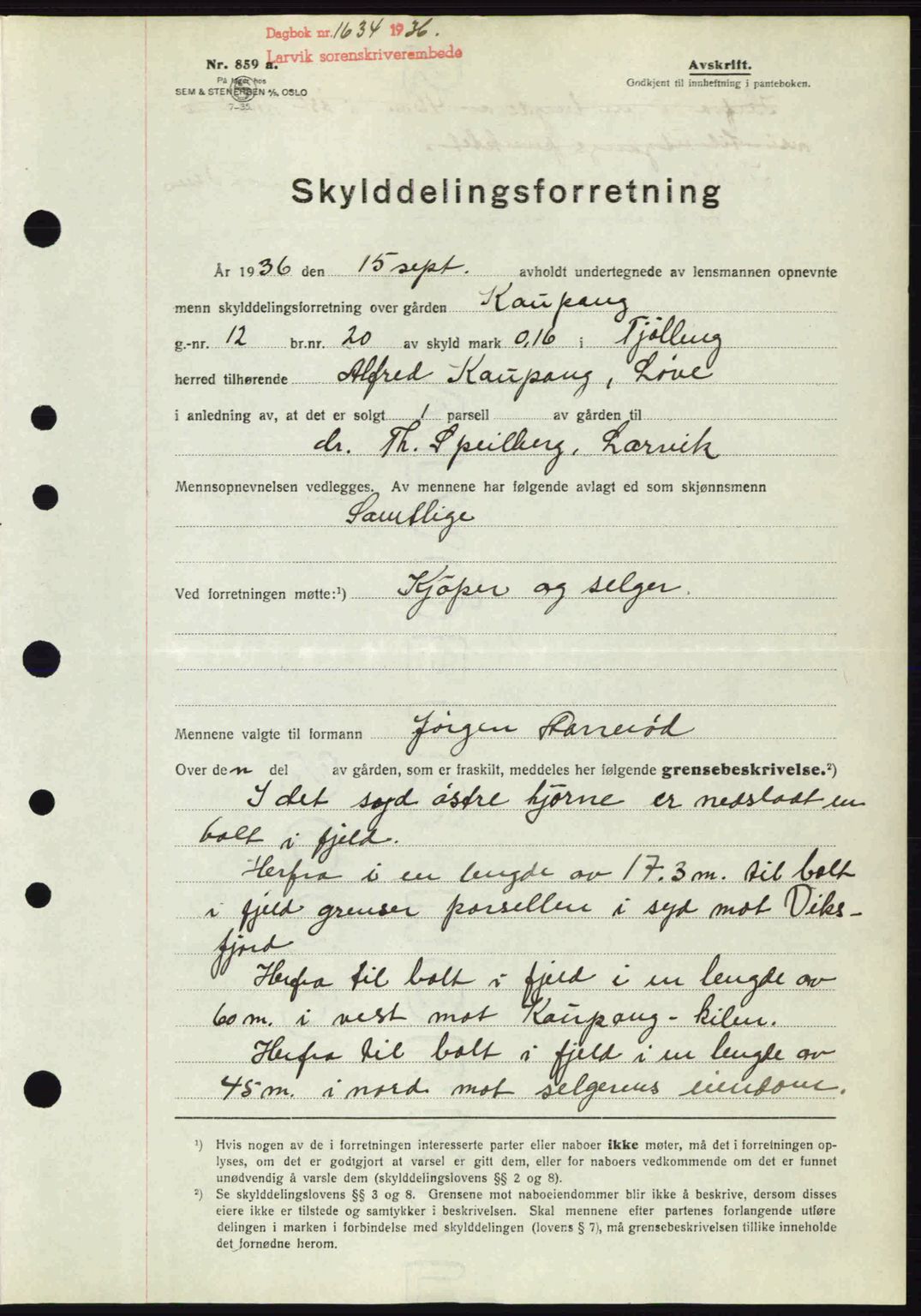 Larvik sorenskriveri, SAKO/A-83/G/Ga/Gab/L0067: Mortgage book no. A-1, 1936-1937, Diary no: : 1634/1936