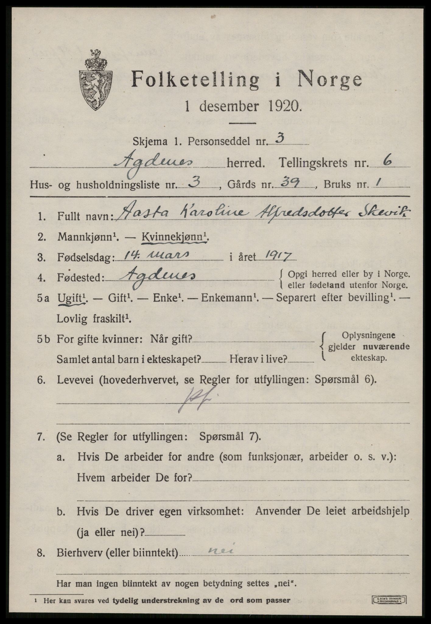 SAT, 1920 census for Agdenes, 1920, p. 2491