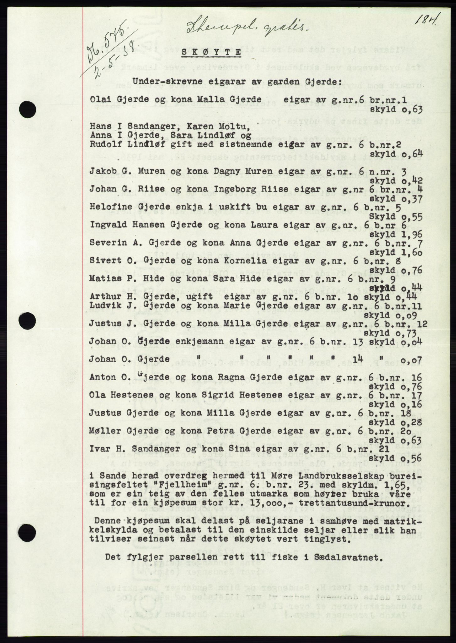 Søre Sunnmøre sorenskriveri, AV/SAT-A-4122/1/2/2C/L0065: Mortgage book no. 59, 1938-1938, Diary no: : 575/1938