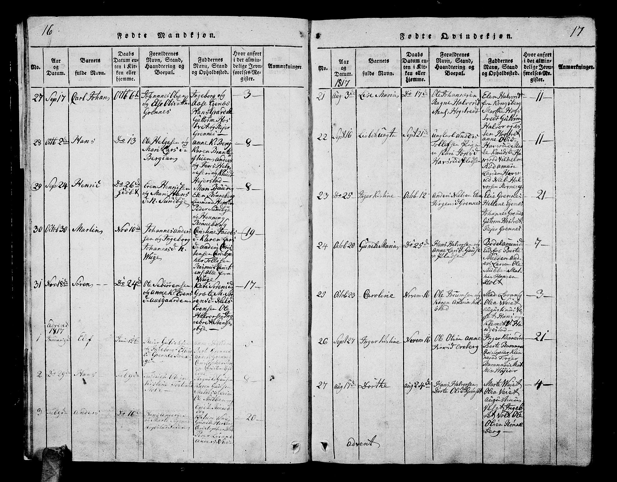 Hof kirkebøker, AV/SAKO-A-64/G/Ga/L0001: Parish register (copy) no. I 1, 1814-1844, p. 16-17