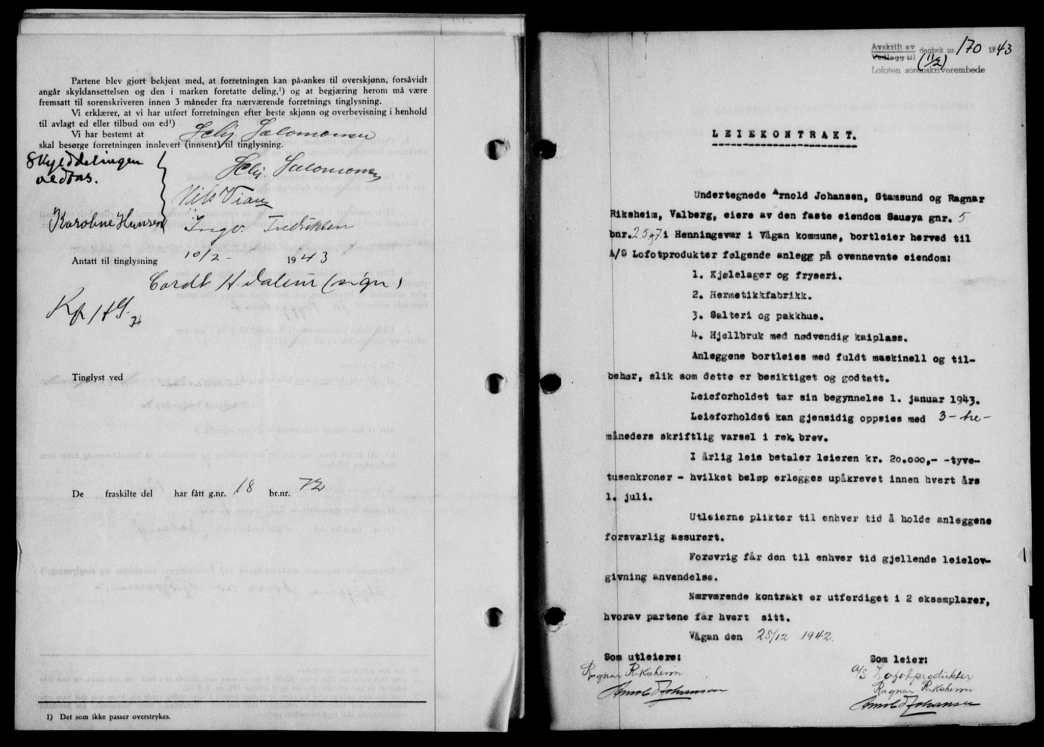 Lofoten sorenskriveri, SAT/A-0017/1/2/2C/L0010a: Mortgage book no. 10a, 1942-1943, Diary no: : 170/1943