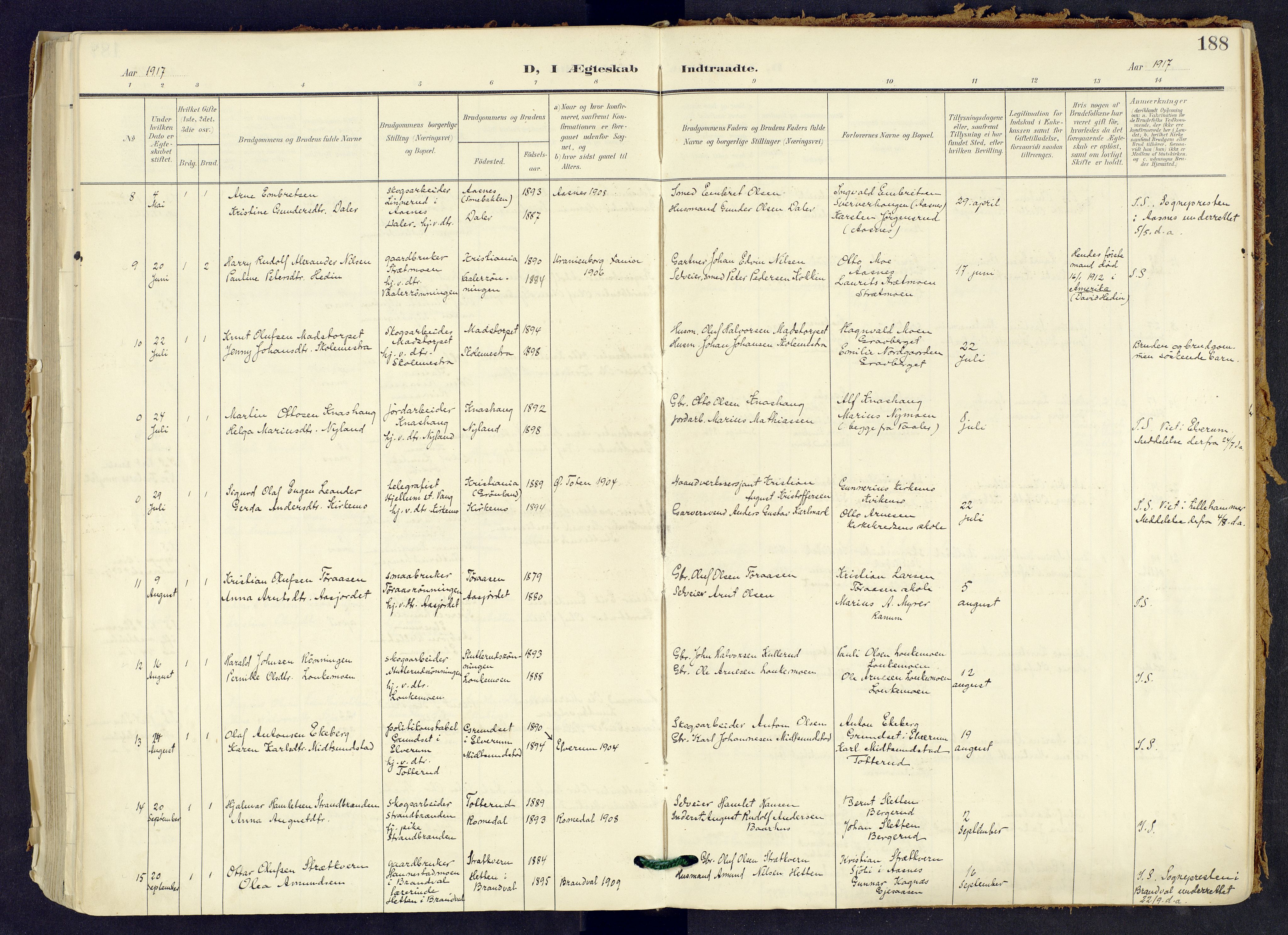 Våler prestekontor, Hedmark, AV/SAH-PREST-040/H/Ha/Haa/L0008: Parish register (official) no. 8, 1905-1921, p. 188