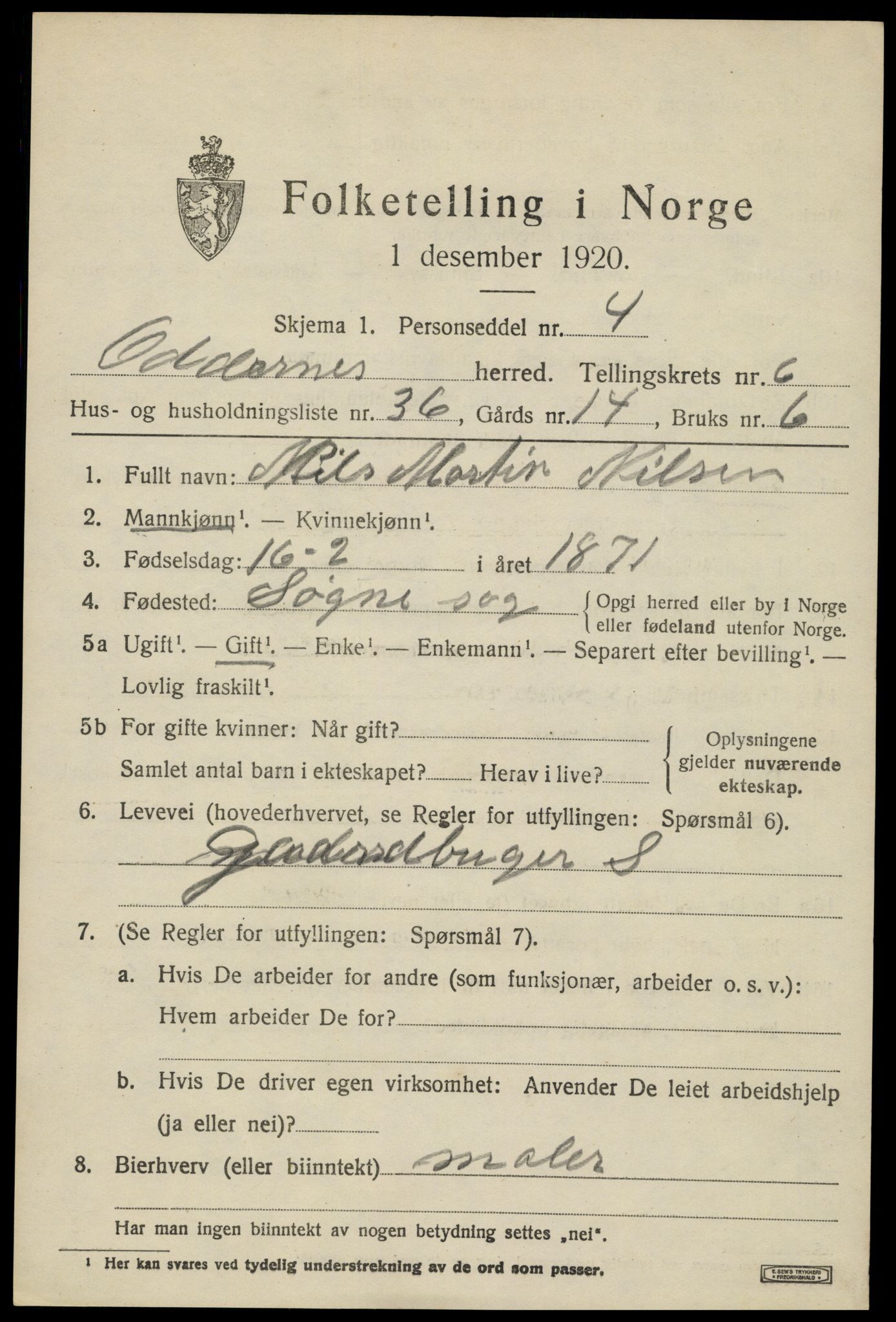 SAK, 1920 census for Oddernes, 1920, p. 5357