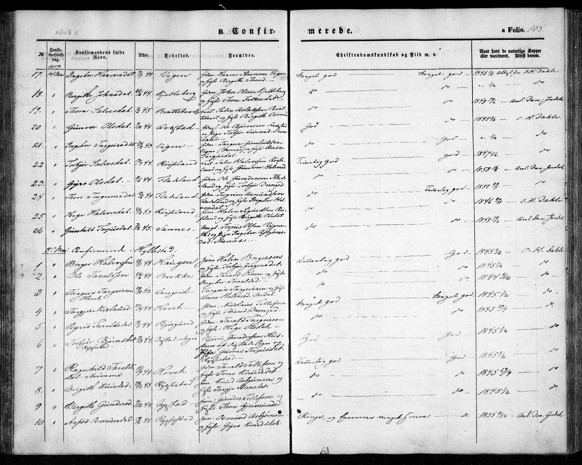 Valle sokneprestkontor, SAK/1111-0044/F/Fa/Fac/L0007: Parish register (official) no. A 7, 1854-1868, p. 105