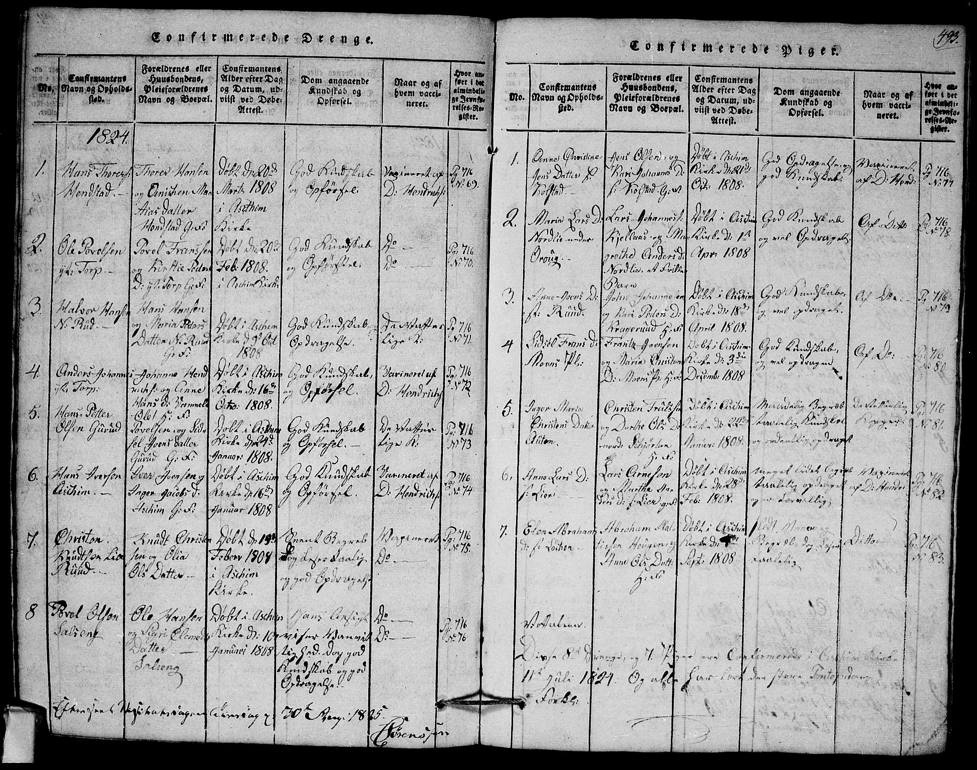 Askim prestekontor Kirkebøker, AV/SAO-A-10900/G/Ga/L0001: Parish register (copy) no. 1, 1817-1846, p. 492-493