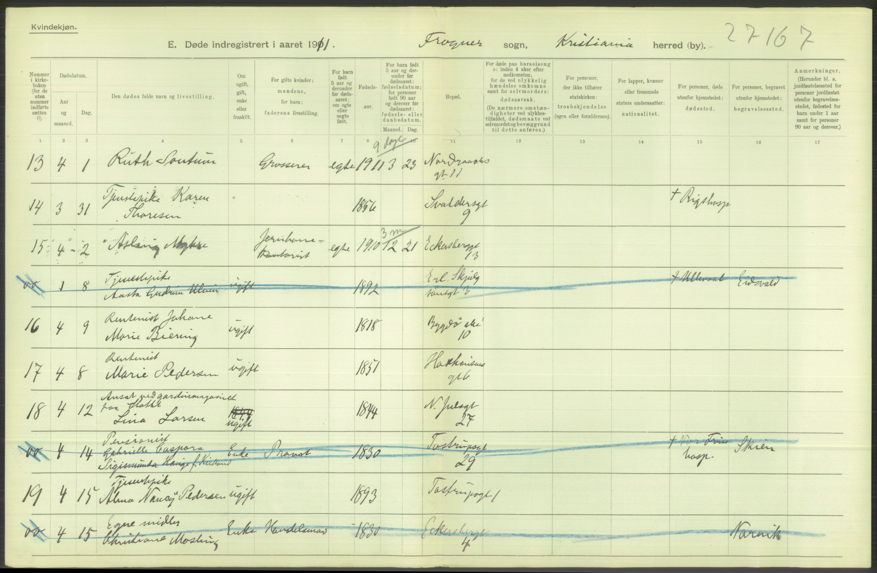 Statistisk sentralbyrå, Sosiodemografiske emner, Befolkning, RA/S-2228/D/Df/Dfb/Dfba/L0010: Kristiania: Døde kvinner samt dødfødte., 1911, p. 622