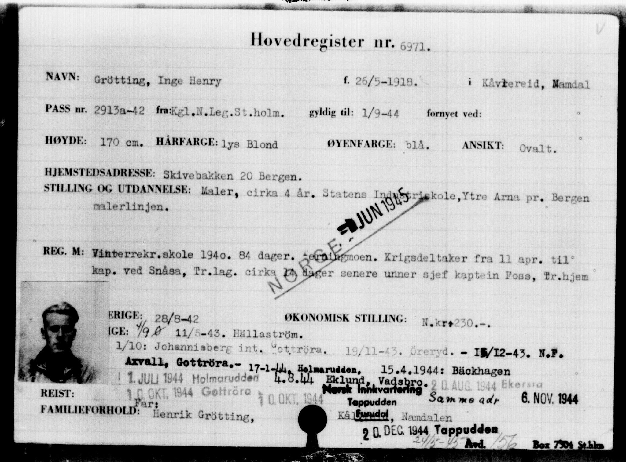 Utenriksstasjonene, Legasjonen i Stockholm, Flyktningkontoret, AV/RA-S-6753/V/Va/L0005: Kjesäterkartoteket, flyktninger med registreringsnr. 6600-9417, 1940-1945, p. 451