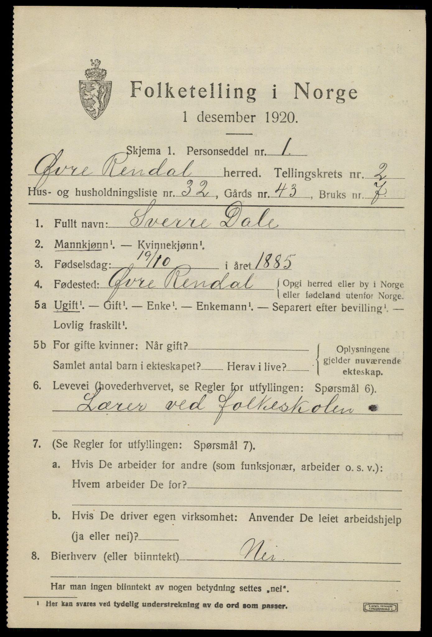 SAH, 1920 census for Øvre Rendal, 1920, p. 1297