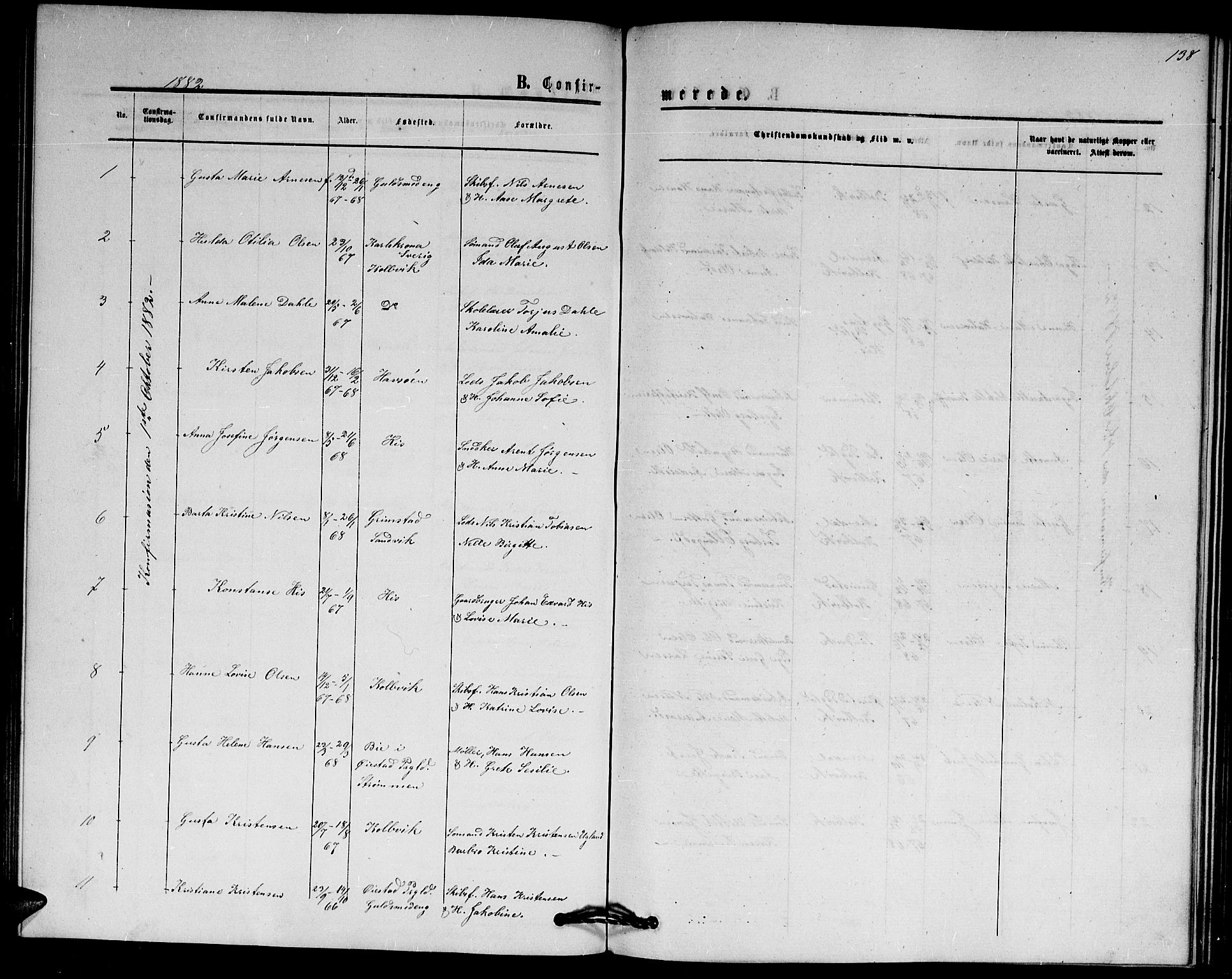 Hisøy sokneprestkontor, SAK/1111-0020/F/Fb/L0002: Parish register (copy) no. B 2, 1873-1885, p. 138