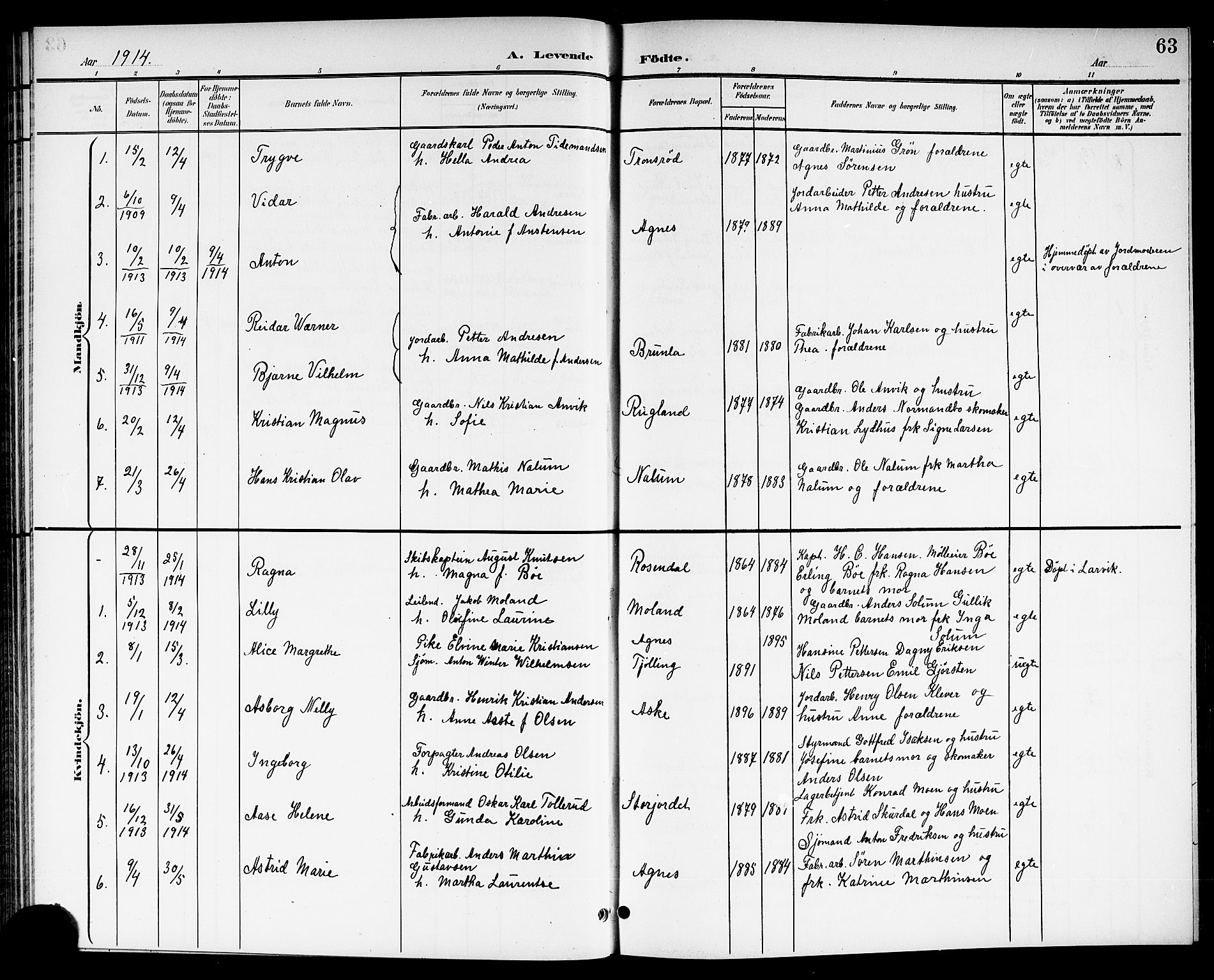 Brunlanes kirkebøker, SAKO/A-342/G/Ga/L0004: Parish register (copy) no. I 4, 1898-1921, p. 63