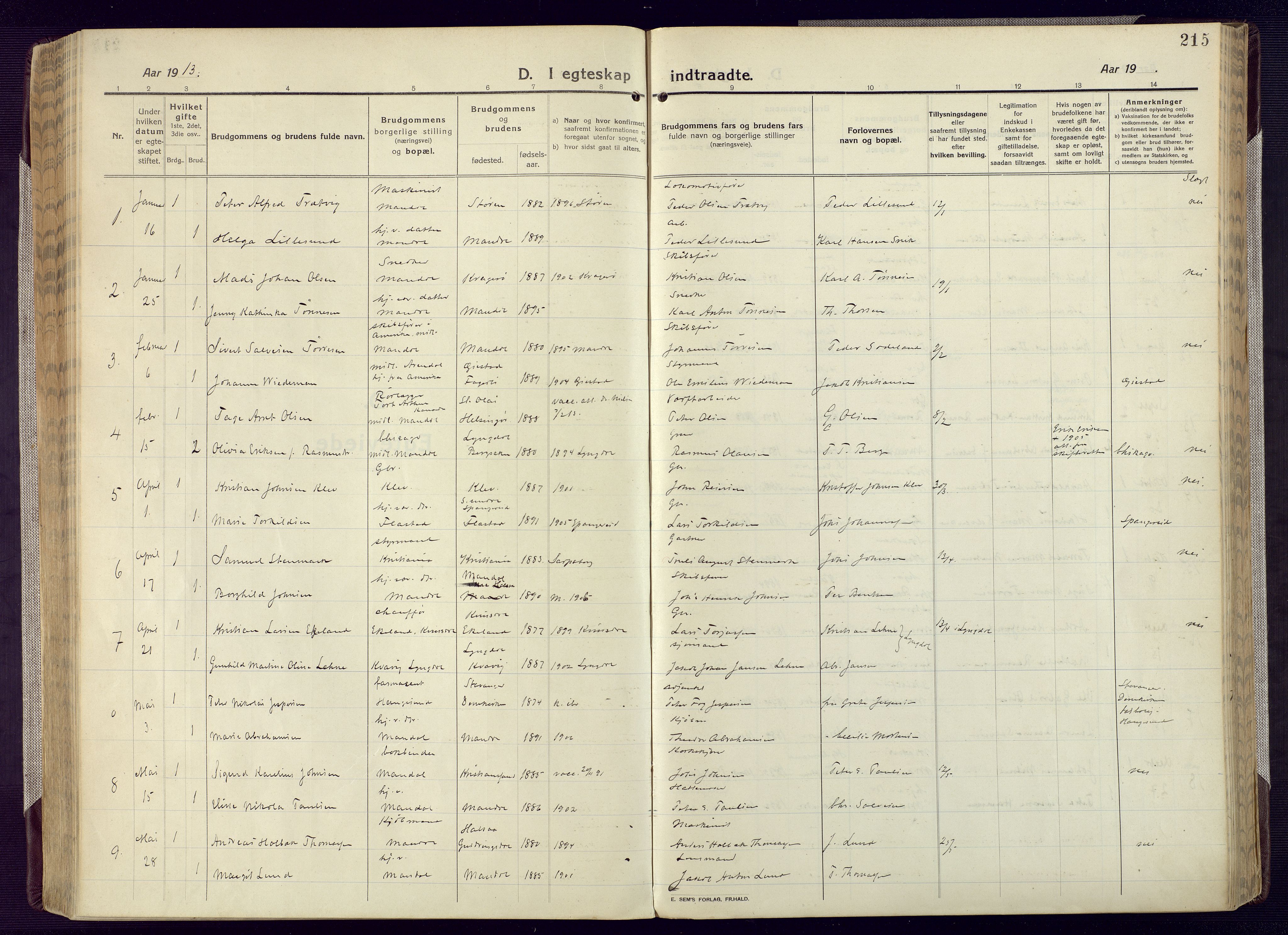 Mandal sokneprestkontor, SAK/1111-0030/F/Fa/Fac/L0001: Parish register (official) no. A 1, 1913-1925, p. 215