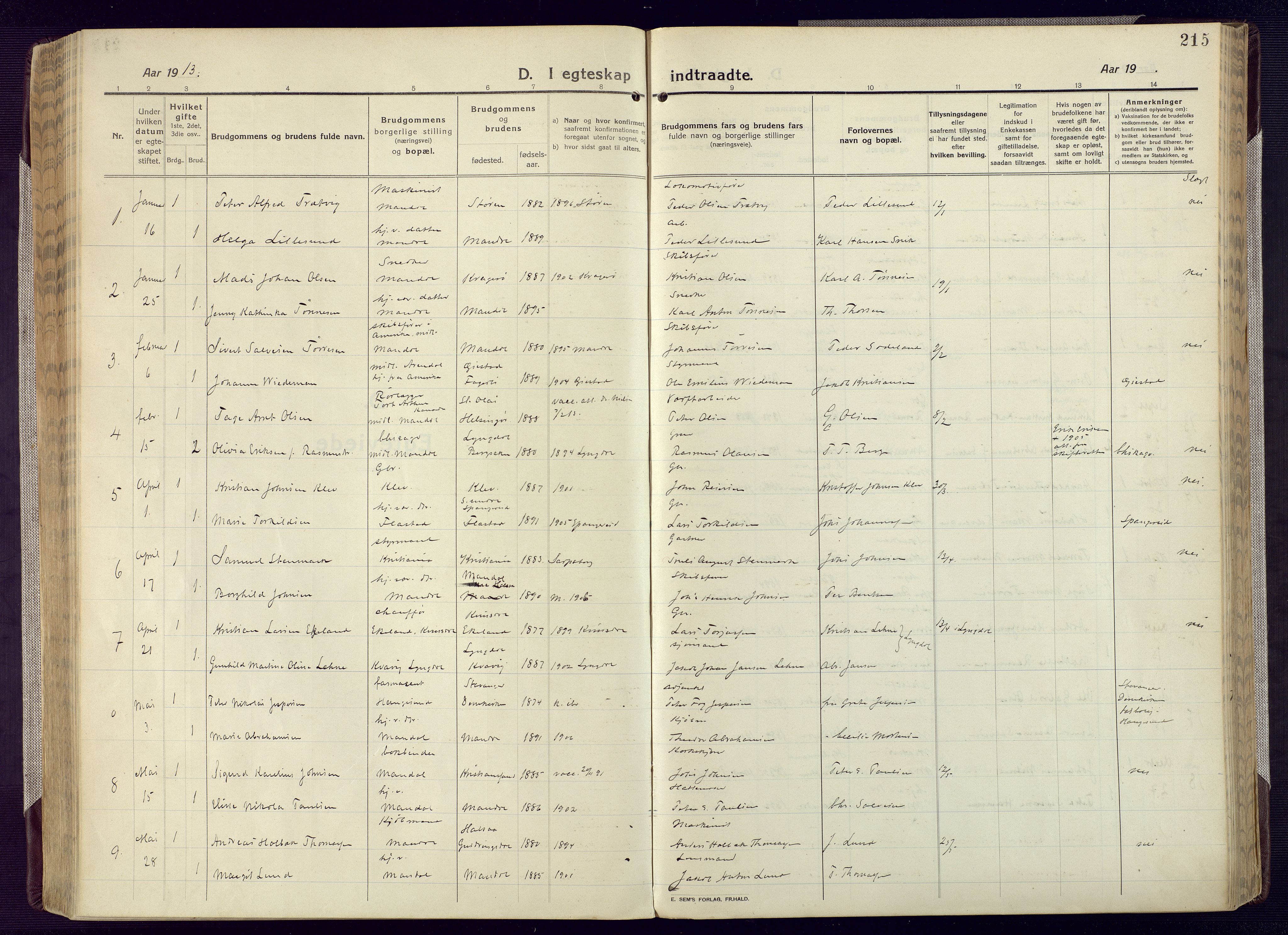 Mandal sokneprestkontor, AV/SAK-1111-0030/F/Fa/Fac/L0001: Parish register (official) no. A 1, 1913-1925, p. 215