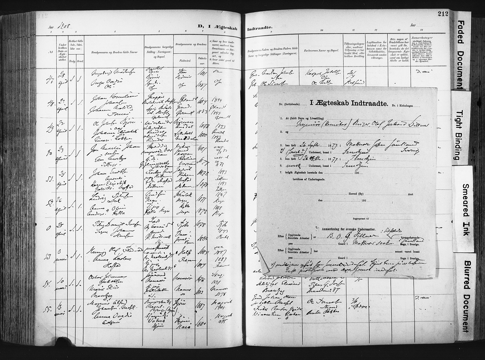Ministerialprotokoller, klokkerbøker og fødselsregistre - Sør-Trøndelag, SAT/A-1456/604/L0201: Parish register (official) no. 604A21, 1901-1911, p. 212