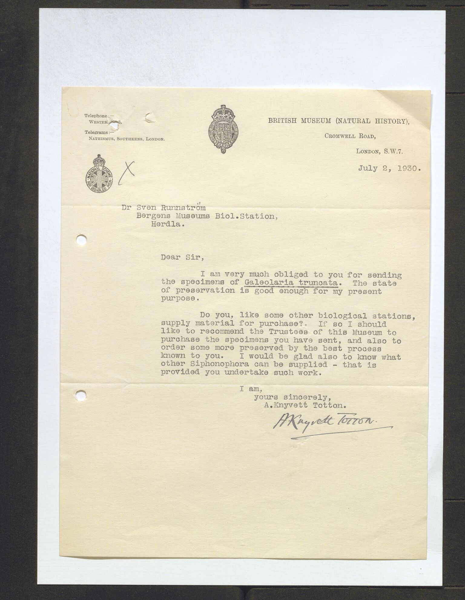 Bergens Museum, AV/SAB-A-17301/13/D/L0002: Korrespondanse , 1928-1940, p. 265